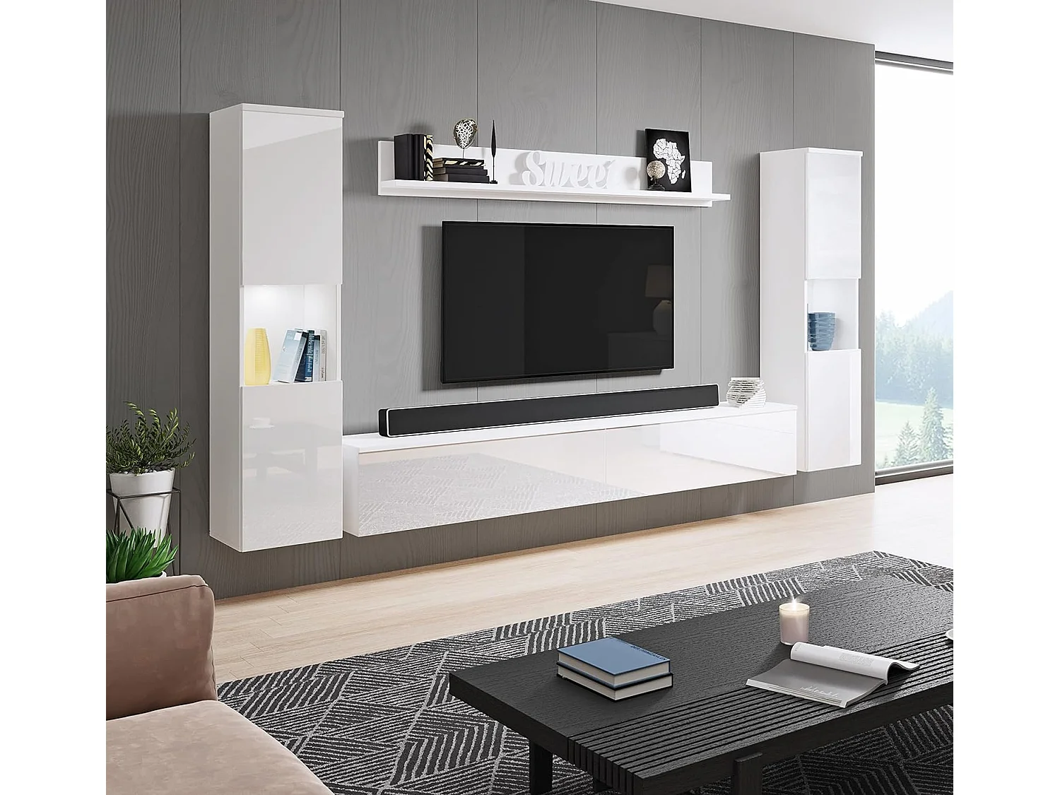 Conjunto de muebles de salón PARIS XL, juego de muebles de salón, mueble de TV, con iluminación LED, color blanco/blanco brillo