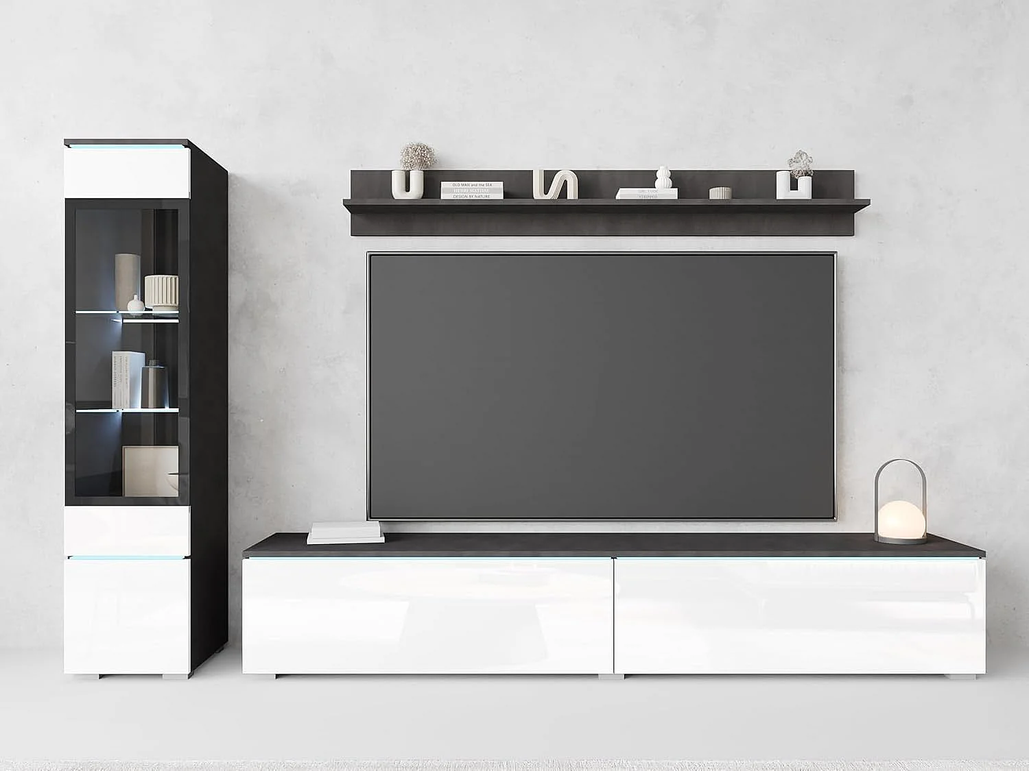 Conjunto de muebles de salón VERA I, juego de muebles de salón, mueble de televisión, con iluminación LED, color matera/blanco brillo