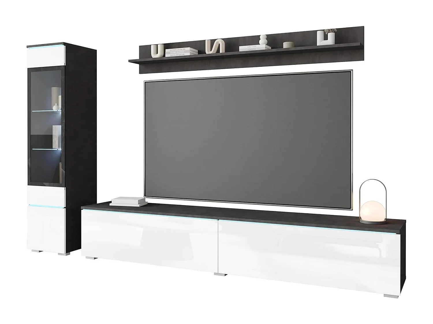 Conjunto de muebles de salón VERA I, juego de muebles de salón, mueble de televisión, con iluminación LED, color matera/blanco brillo