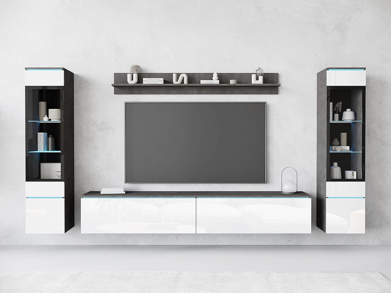 Conjunto de muebles de salón VERA II, juego de muebles de salón, mueble de televisión, con iluminación LED, color matera/blanco brillo