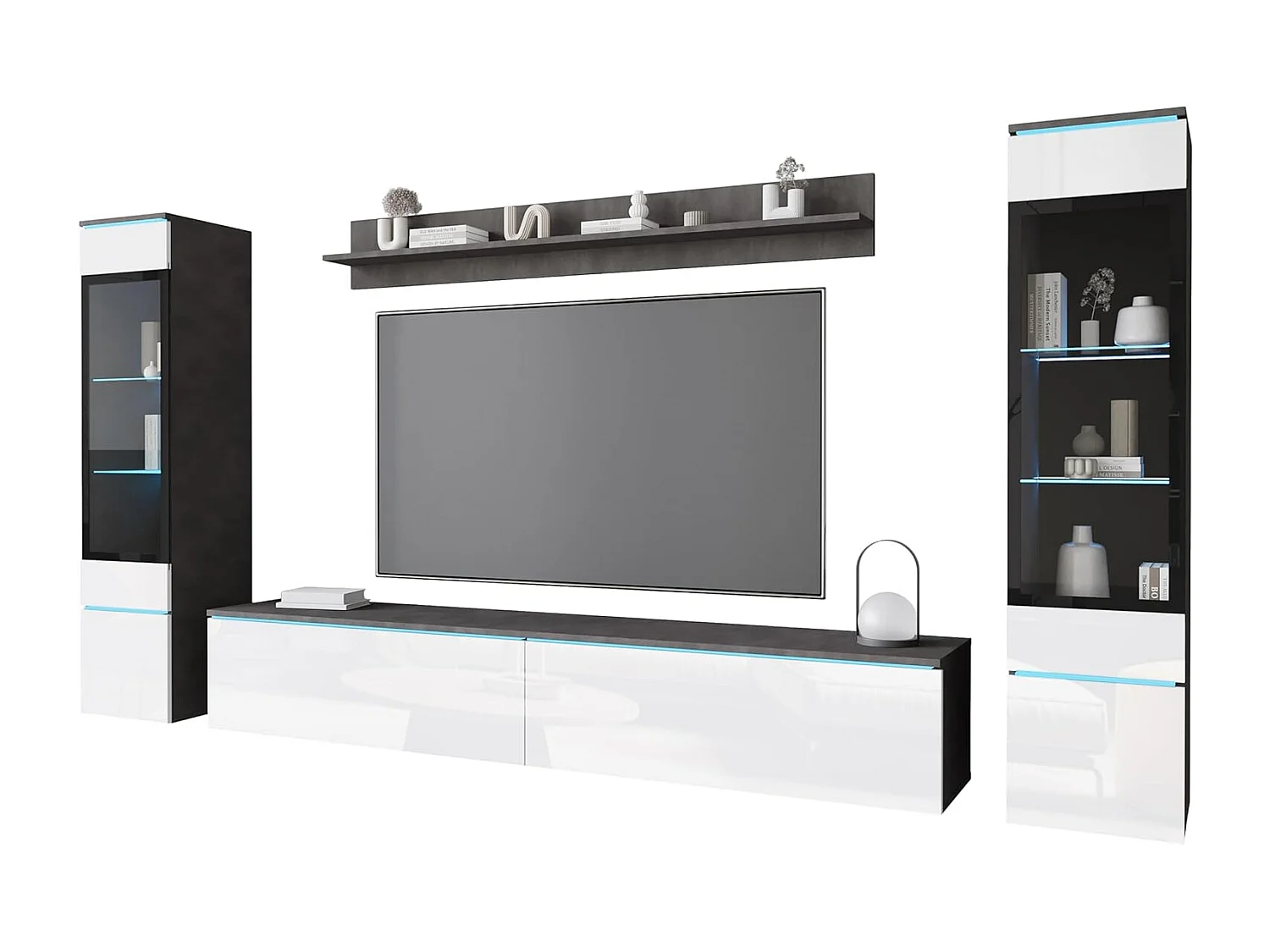 Conjunto de muebles de salón VERA II, juego de muebles de salón, mueble de televisión, con iluminación LED, color matera/blanco brillo