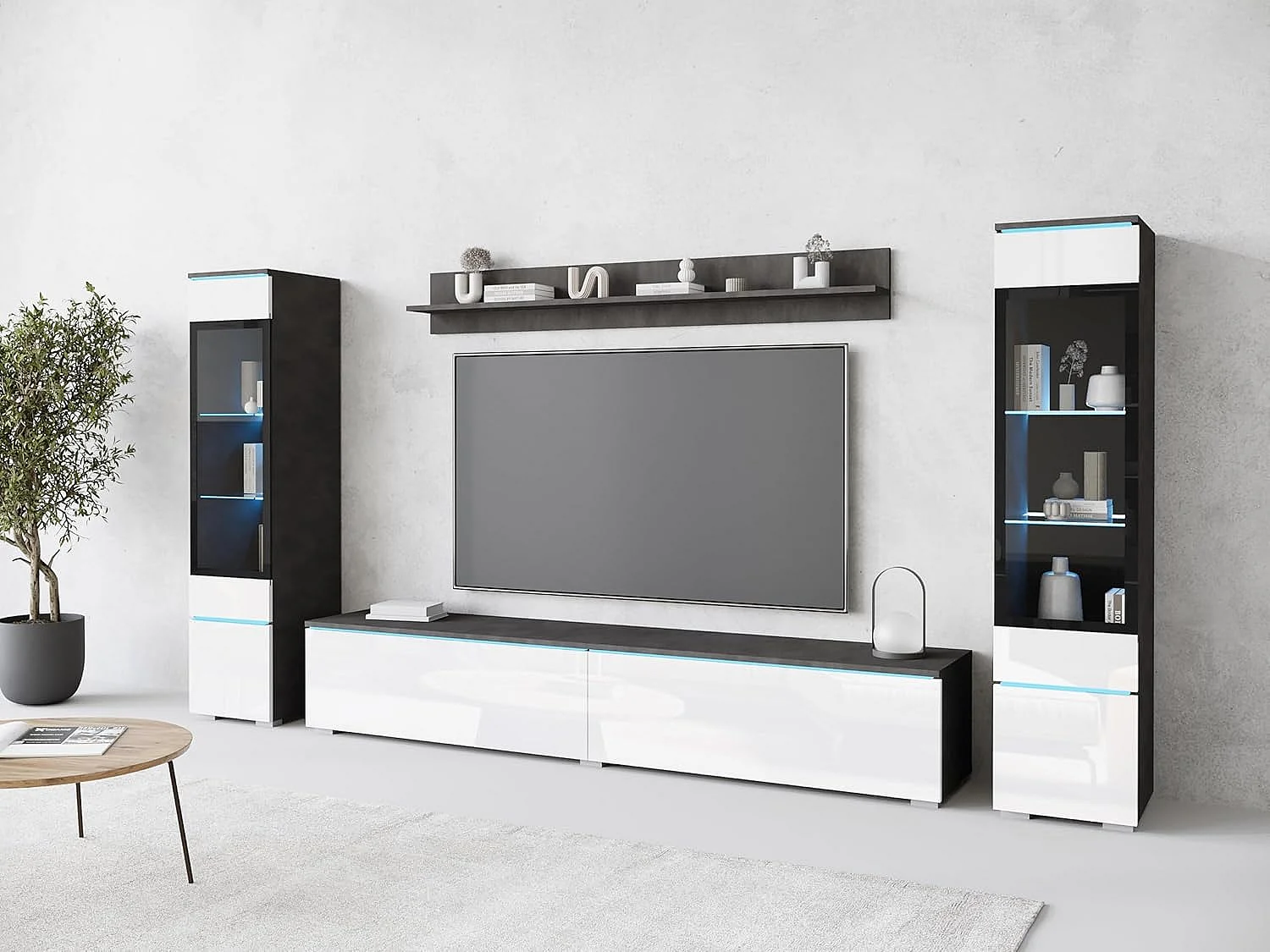 Conjunto de muebles de salón VERA II, juego de muebles de salón, mueble de televisión, con iluminación LED, color matera/blanco brillo