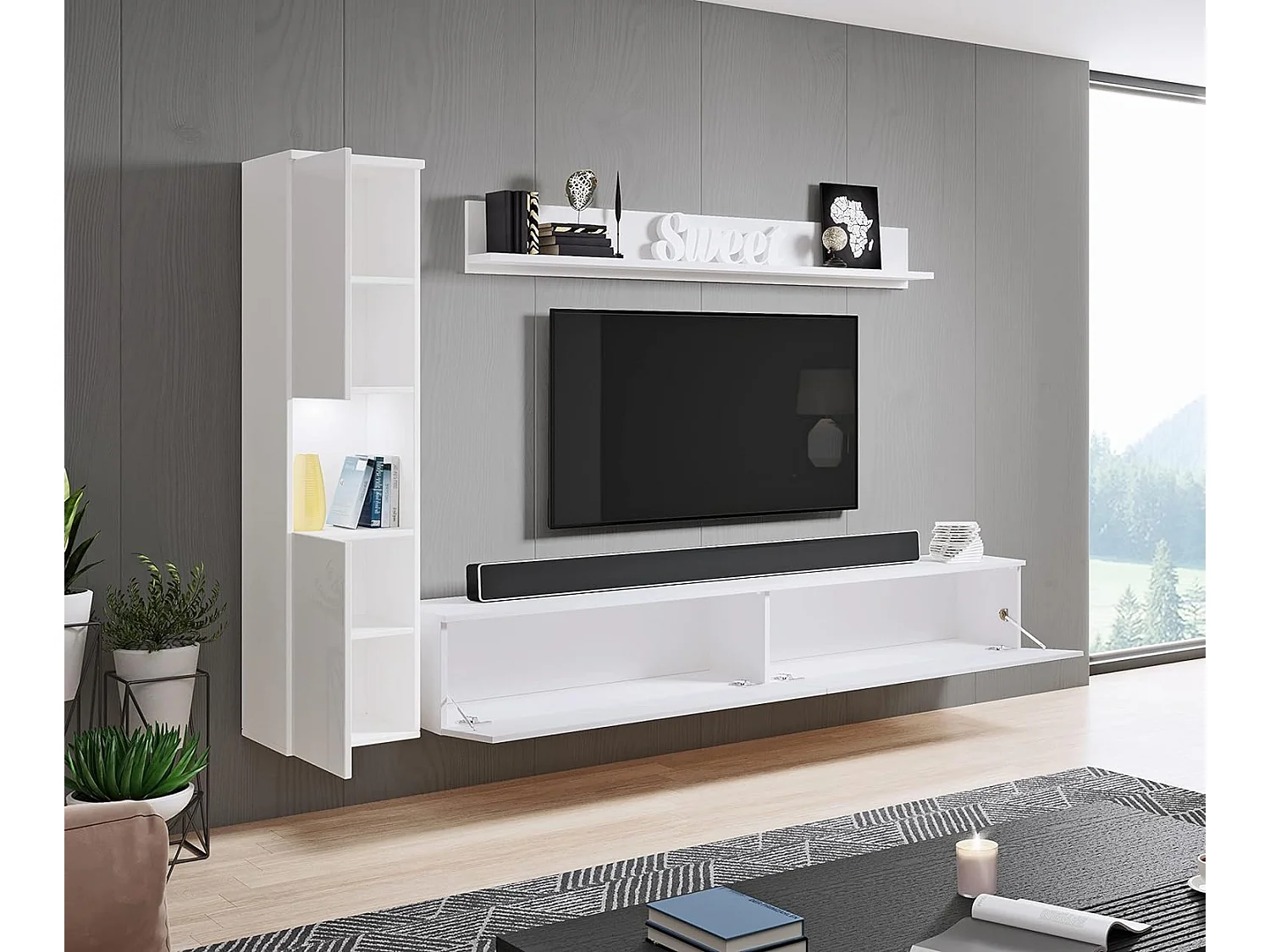 Conjunto de muebles de salón PARIS, juego de muebles de salón, mueble de TV, con iluminación LED, color blanco/blanco brillo