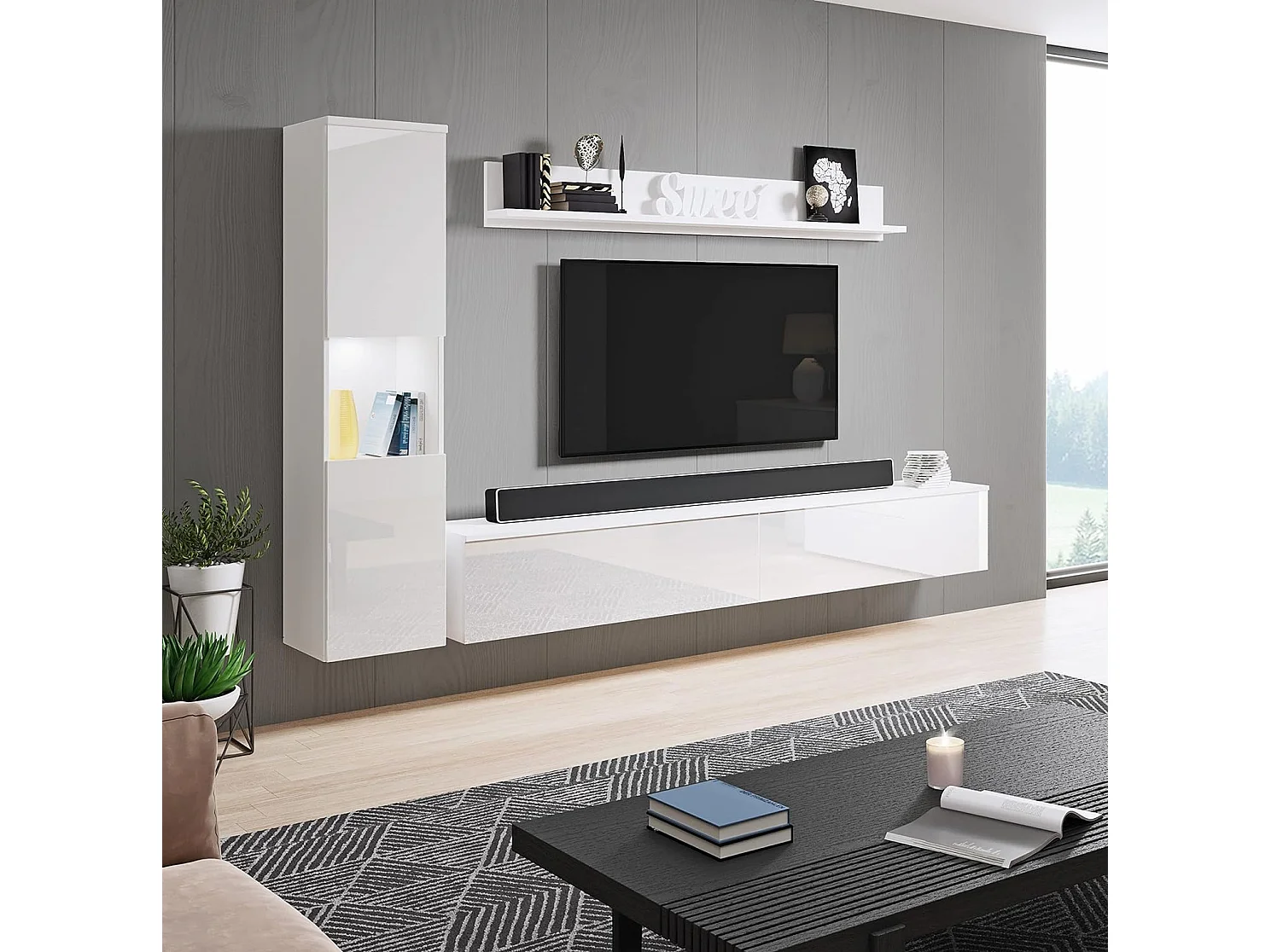 Conjunto de muebles de salón PARIS, juego de muebles de salón, mueble de TV, con iluminación LED, color blanco/blanco brillo