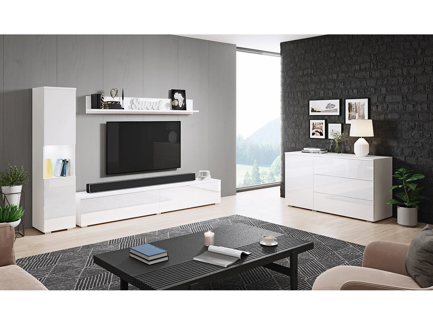 Conjunto de muebles de salón PARIS, juego de muebles de salón, mueble de TV, con iluminación LED, color blanco/blanco brillo