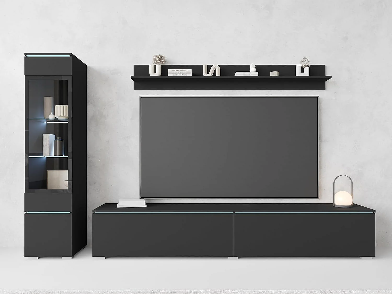Ensemble de meubles de séjour VERA I, ensemble de salon, meuble TV, avec éclairage LED, couleur noir mat