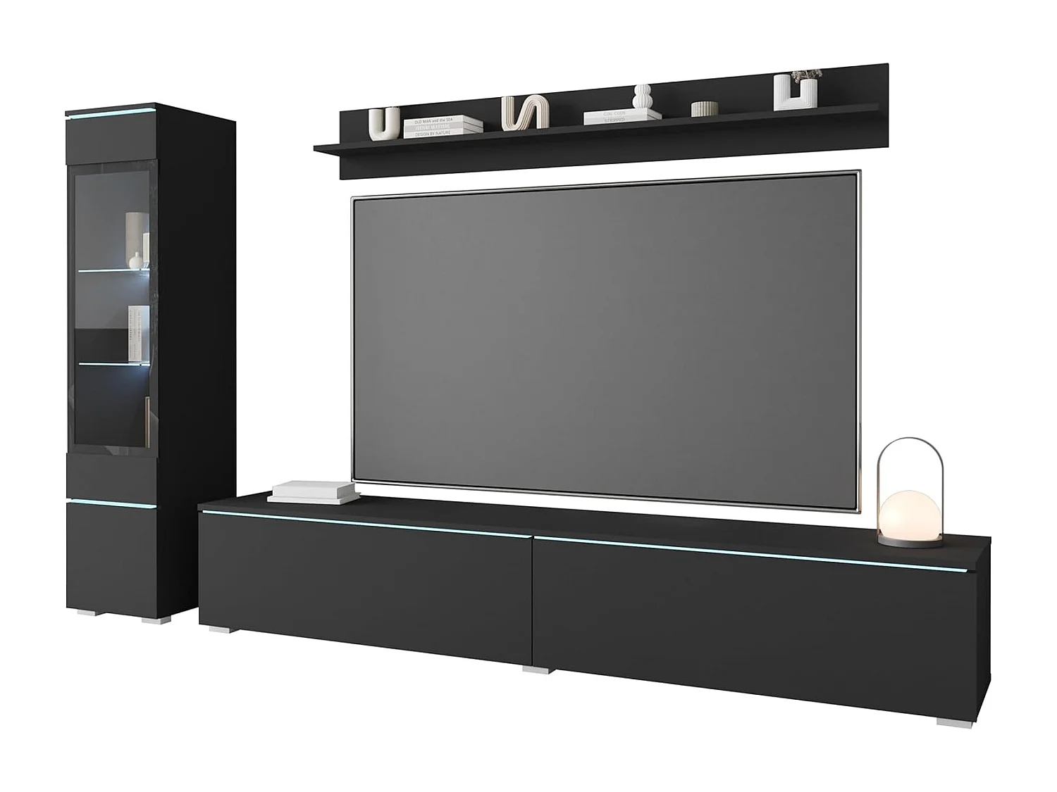 Ensemble de meubles de séjour VERA I, ensemble de salon, meuble TV, avec éclairage LED, couleur noir mat