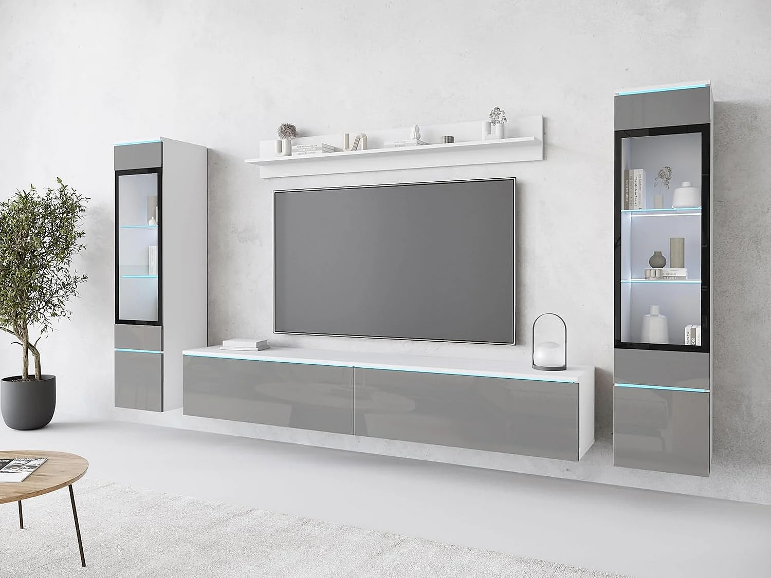 Conjunto de muebles de salón VERA II, juego de muebles de salón, mueble de televisión, con iluminación LED, color blanco/gris brillo