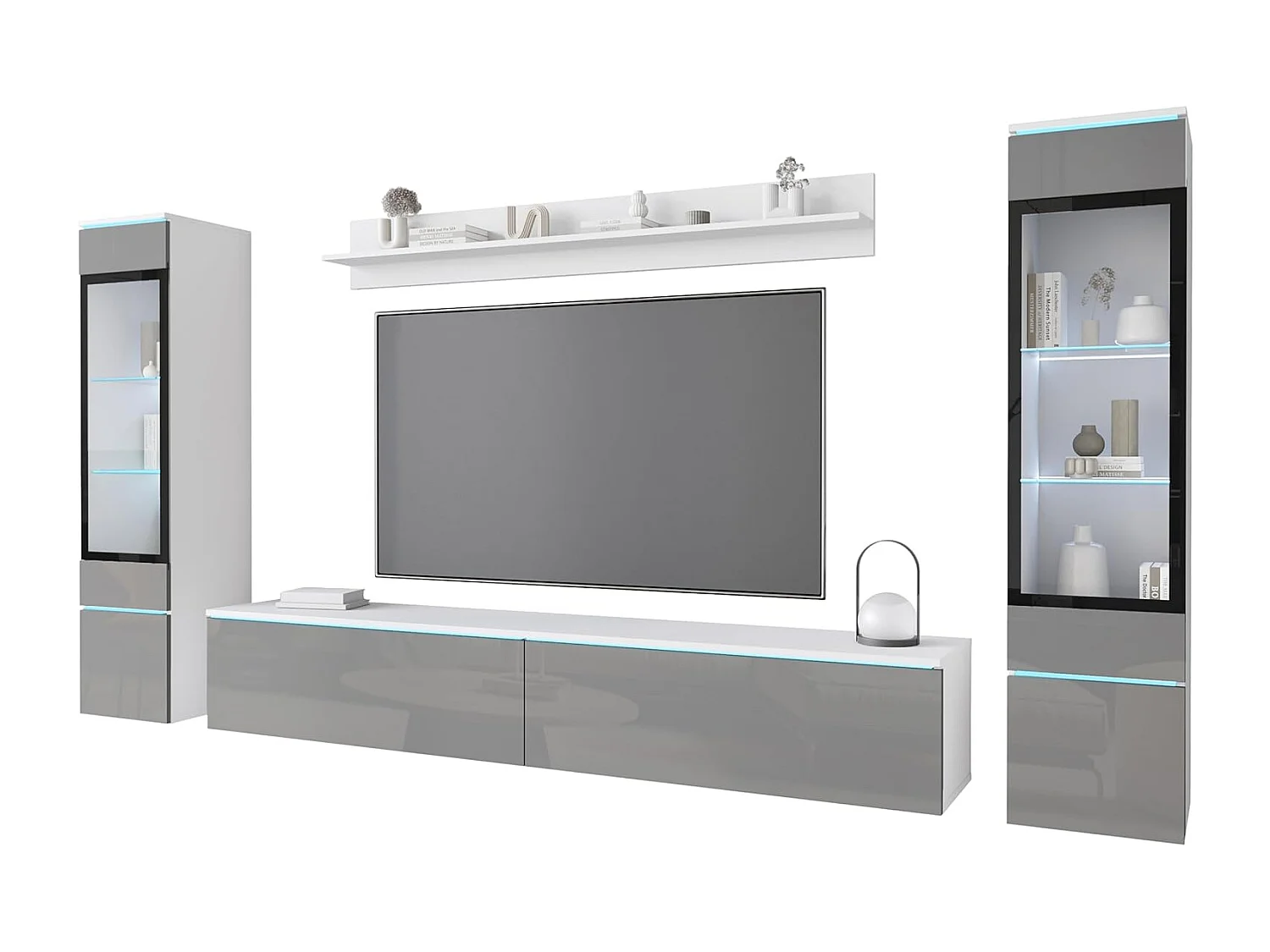 Conjunto de muebles de salón VERA II, juego de muebles de salón, mueble de televisión, con iluminación LED, color blanco/gris brillo