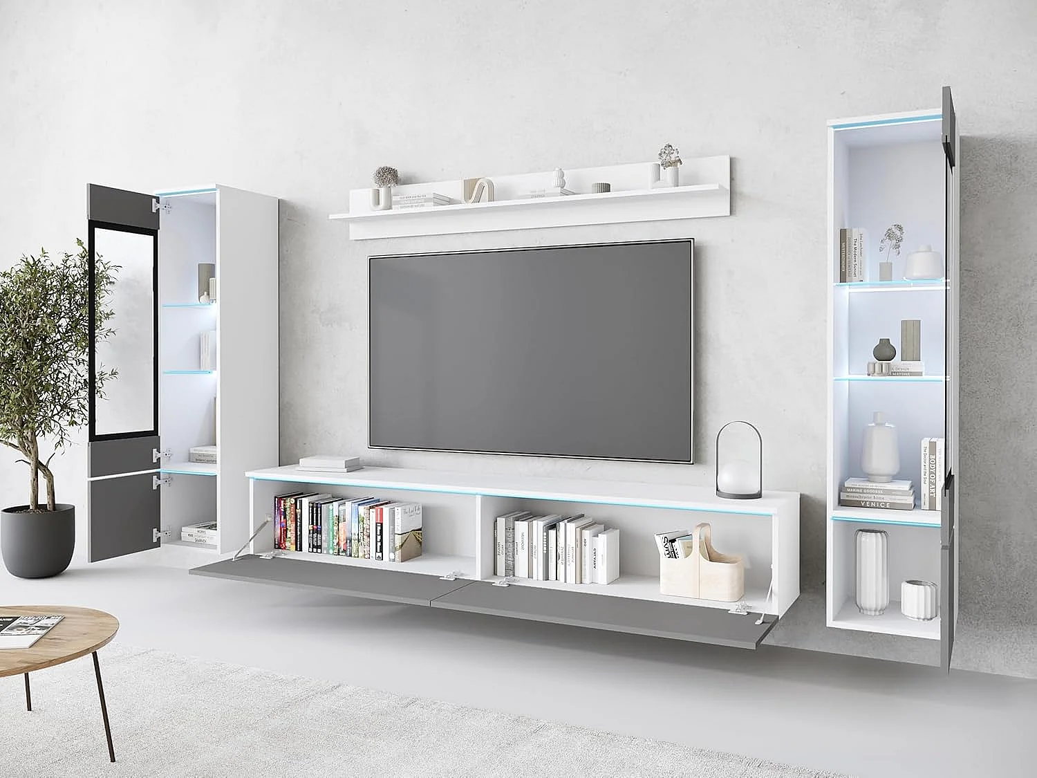 Conjunto de muebles de salón VERA II, juego de muebles de salón, mueble de televisión, con iluminación LED, color blanco/gris brillo