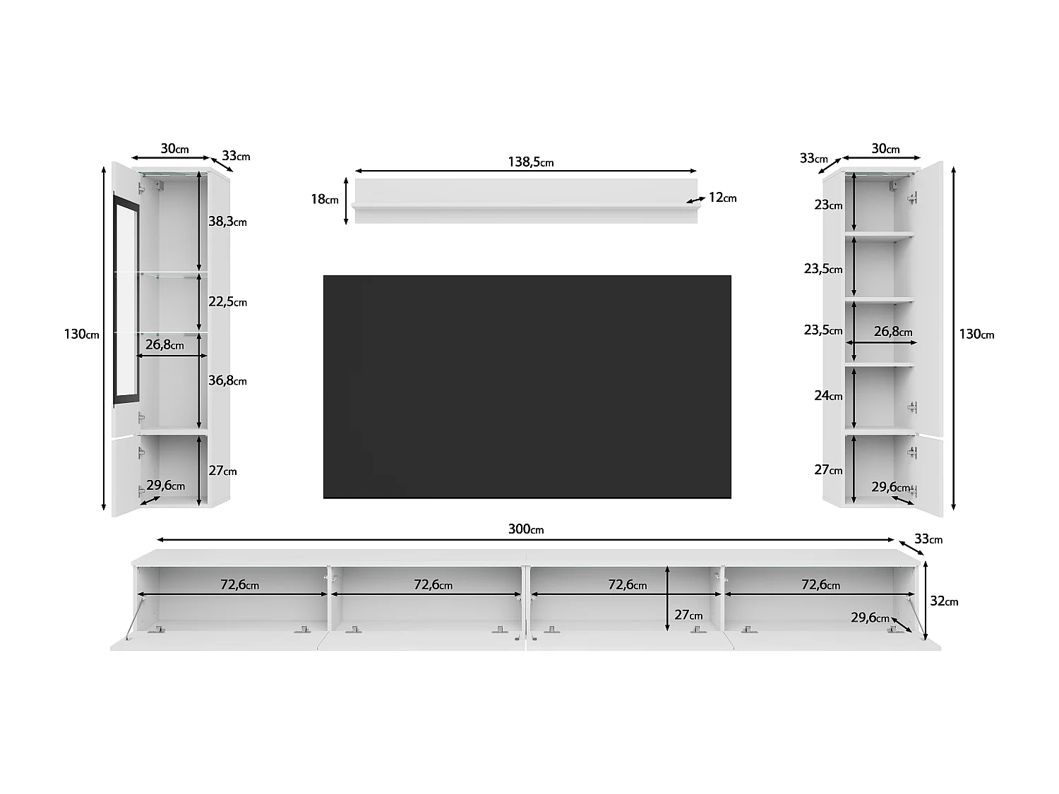 Conjunto de muebles de salón VERA XXL, juego de muebles de salón, mueble de televisión, iluminación LED incluida, color blanco/blanco brillo