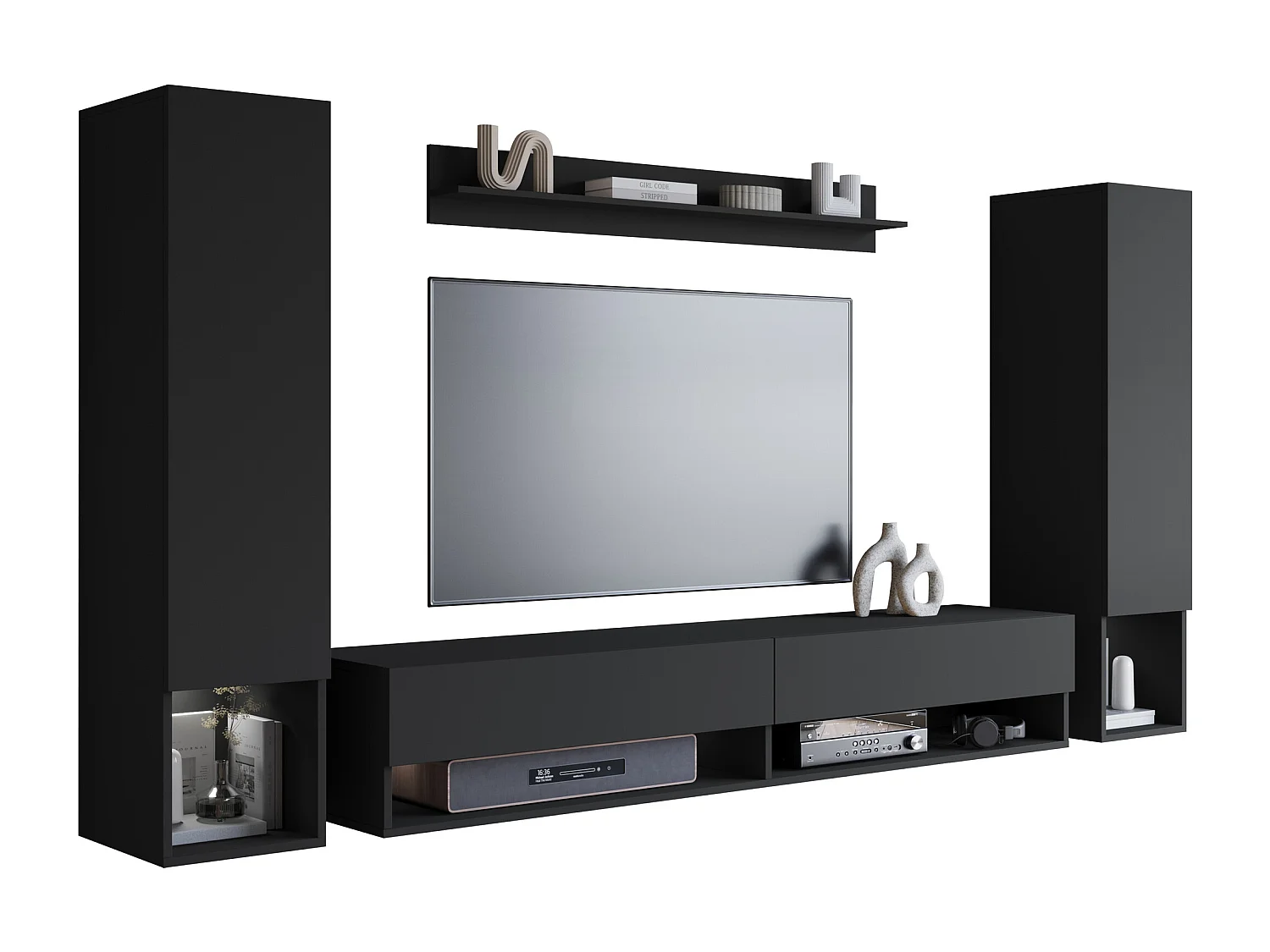 Ensemble de meubles de séjour AMADEO II, ensemble de meubles de salon, meubles TV, avec éclairage LED, couleur noir mat