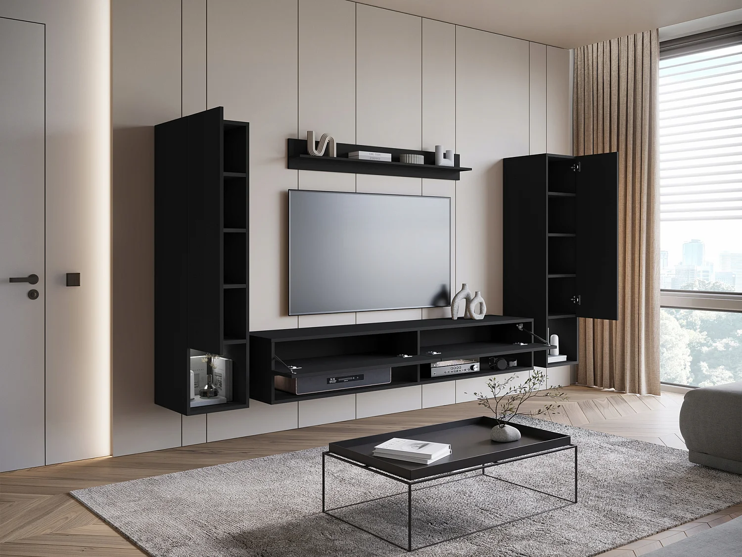 Ensemble de meubles de séjour AMADEO II, ensemble de meubles de salon, meubles TV, avec éclairage LED, couleur noir mat