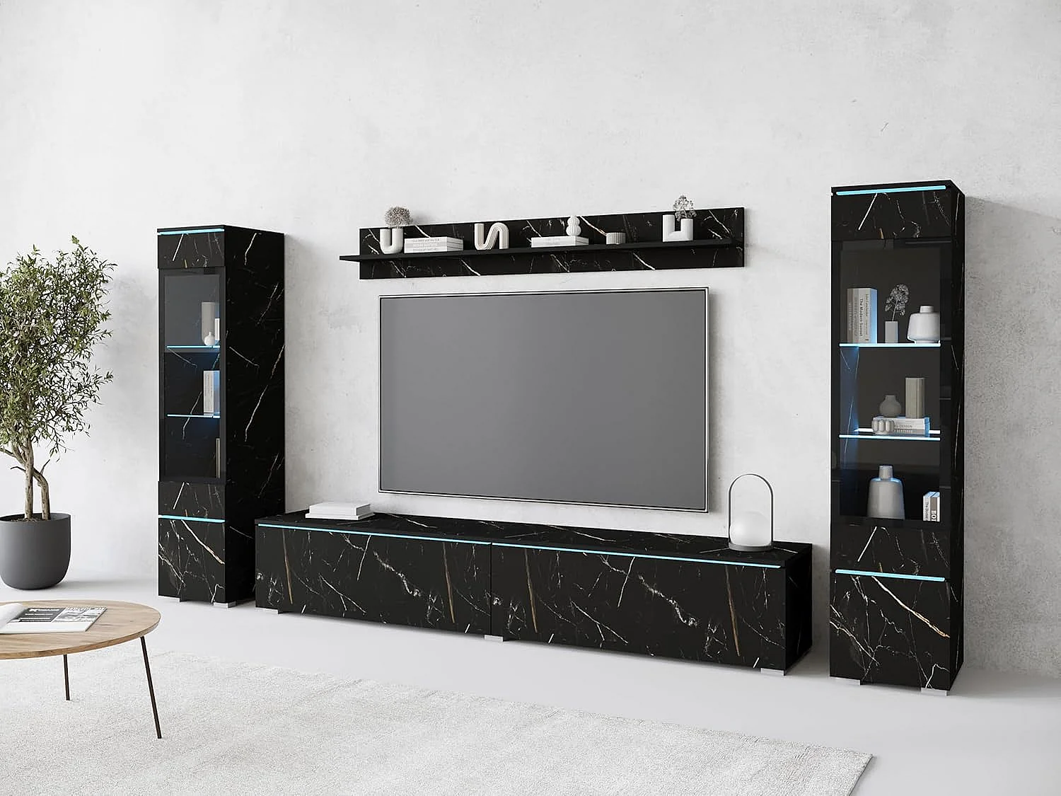Ensemble de meubles de séjour VERA II, ensemble de salon, meuble TV, avec éclairage LED, couleur San Sebastian