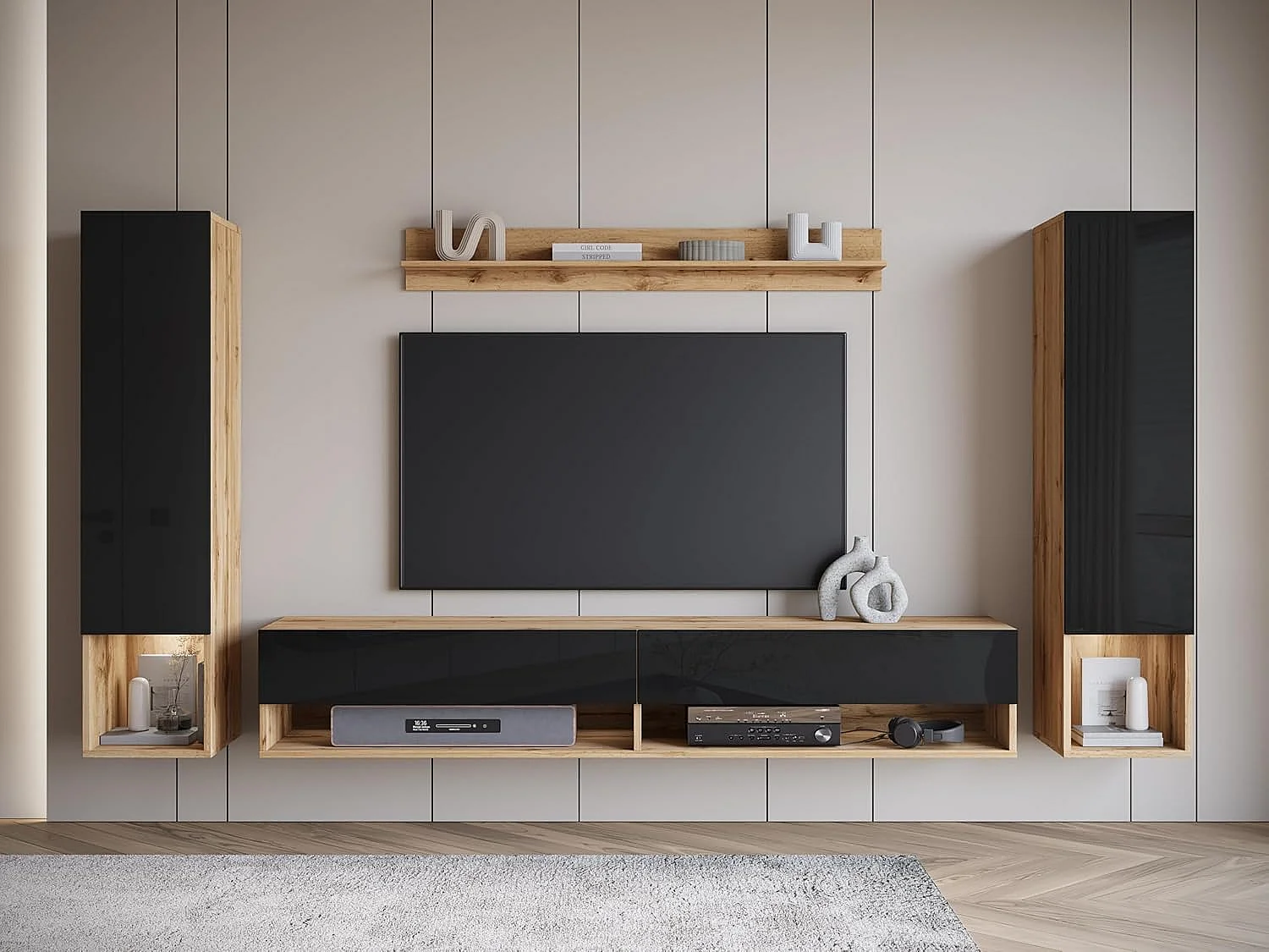 Ensemble de meubles de séjour AMADEO II, ensemble de meubles de salon, meubles TV, avec éclairage LED, couleur wotan/noir brillant