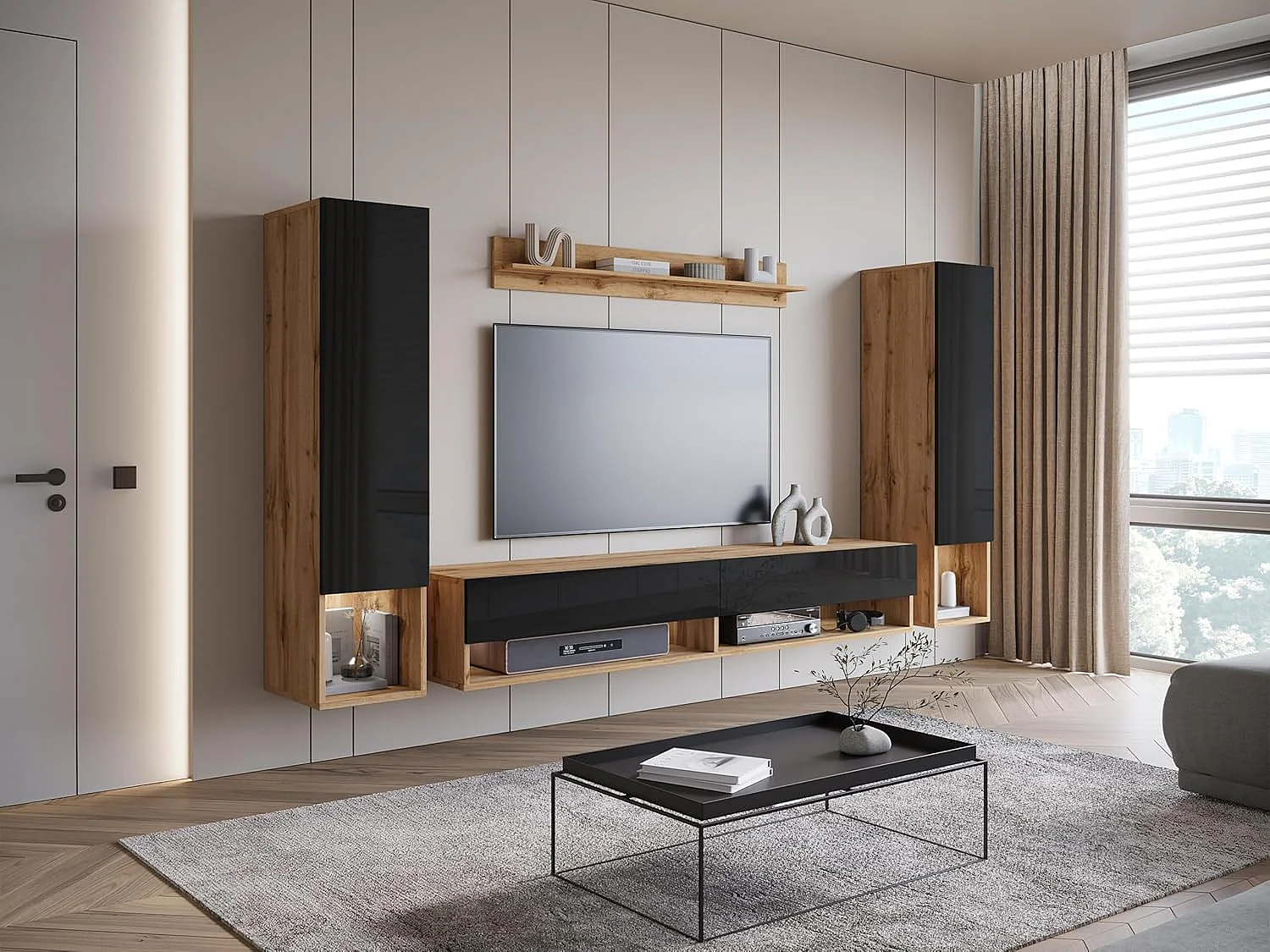 Ensemble de meubles de séjour AMADEO II, ensemble de meubles de salon, meubles TV, avec éclairage LED, couleur wotan/noir brillant
