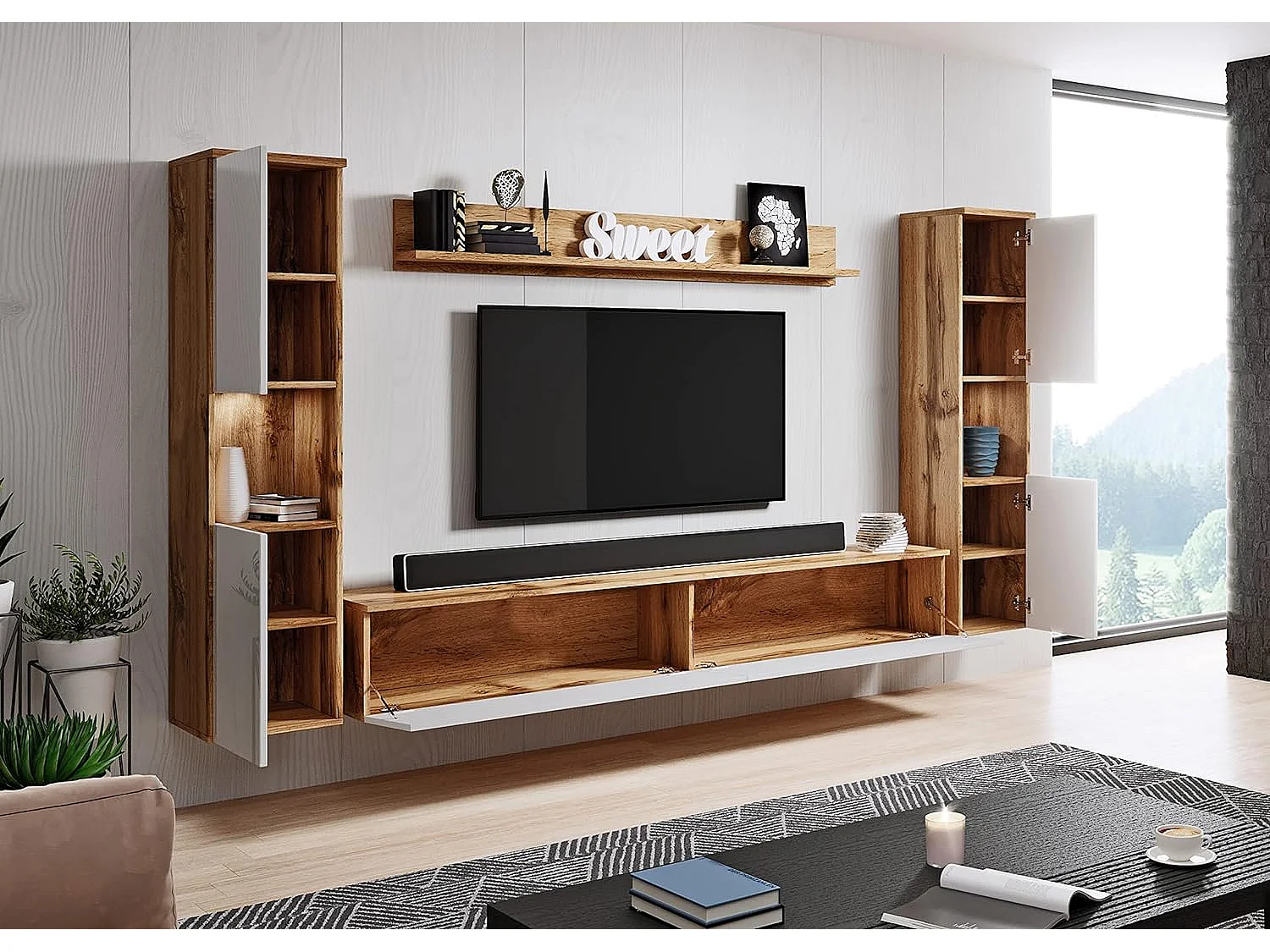 Conjunto de muebles de salón PARIS XL, juego de muebles de salón, mueble de TV, con iluminación LED, color wotan/blanco brillo