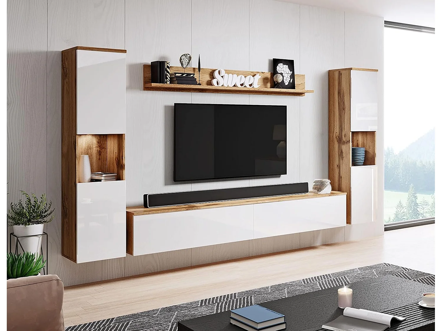 Conjunto de muebles de salón PARIS XL, juego de muebles de salón, mueble de TV, con iluminación LED, color wotan/blanco brillo