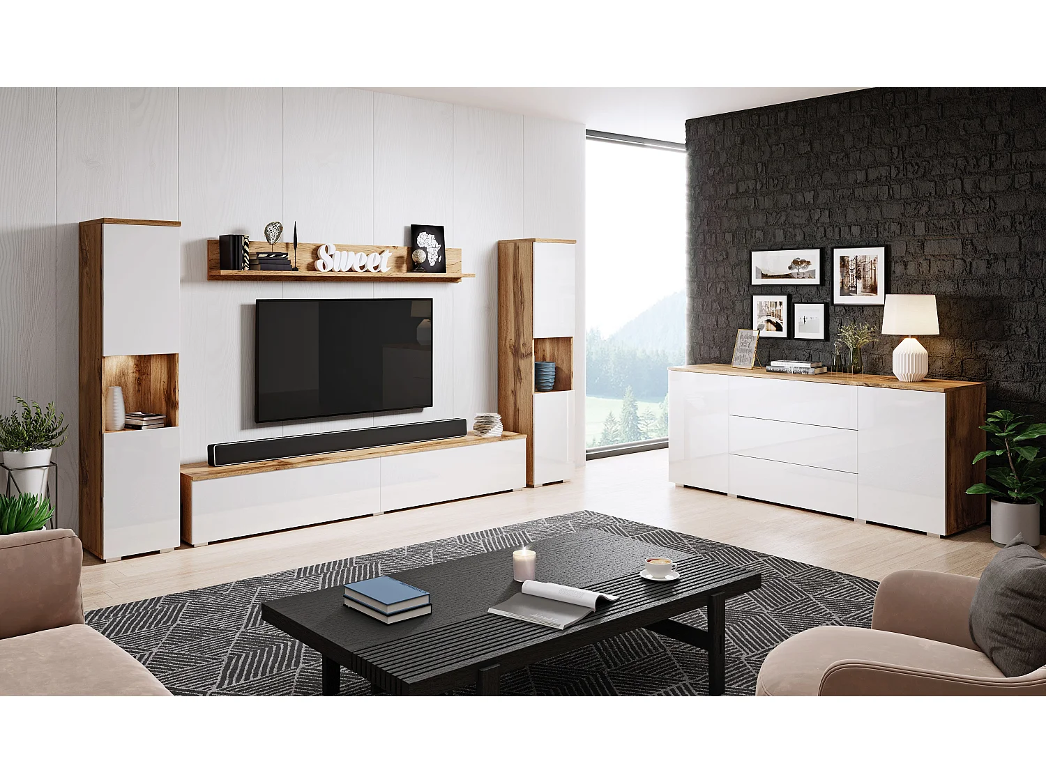 Conjunto de muebles de salón PARIS XL, juego de muebles de salón, mueble de TV, con iluminación LED, color wotan/blanco brillo