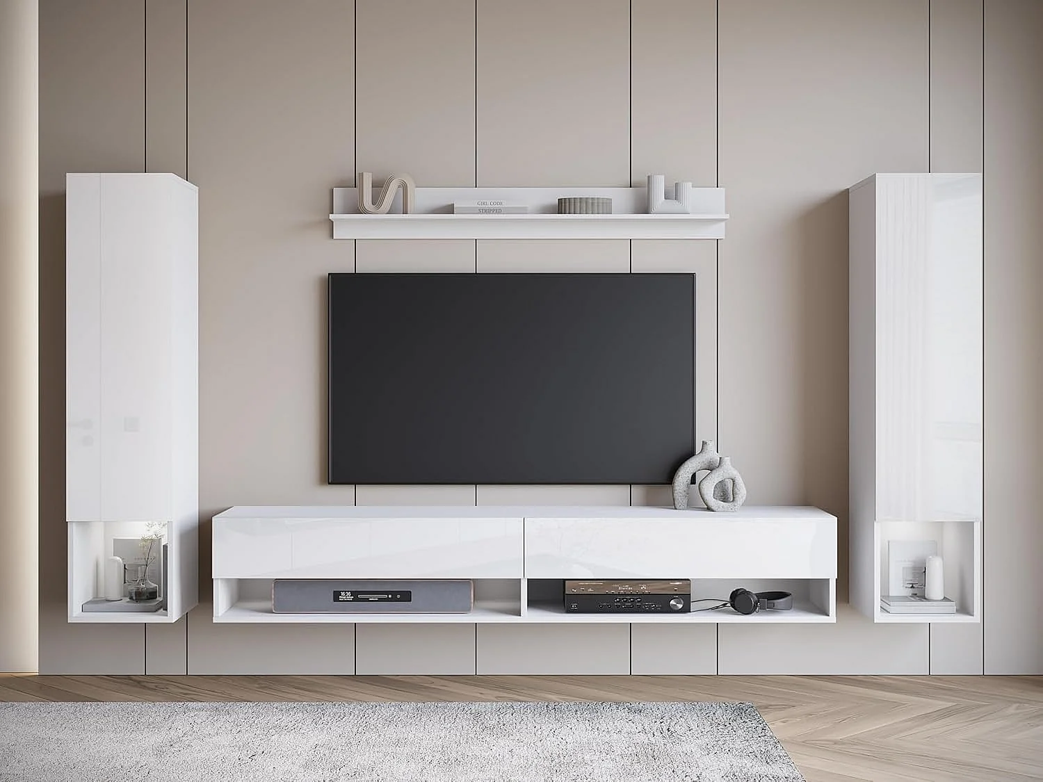 Conjunto de muebles de salón AMADEO II, juego de muebles de salón, muebles de TV, con iluminación LED, color blanco/blanco brillo