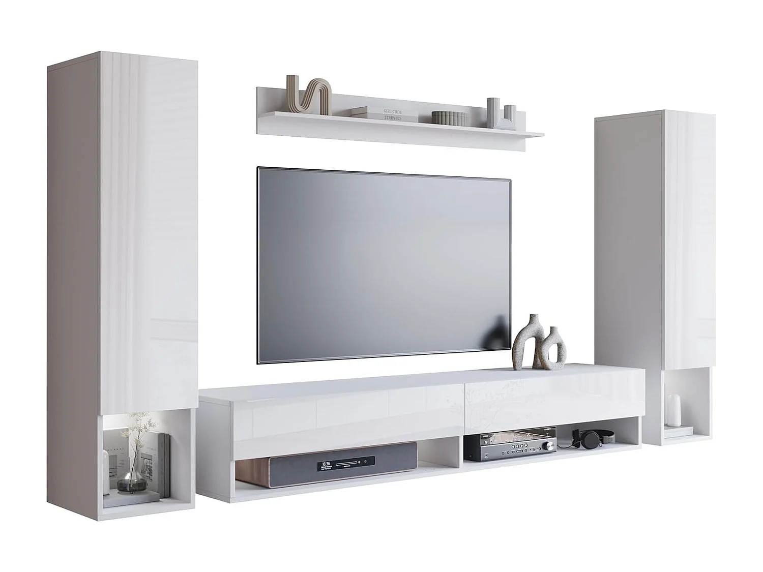 Conjunto de muebles de salón AMADEO II, juego de muebles de salón, muebles de TV, con iluminación LED, color blanco/blanco brillo