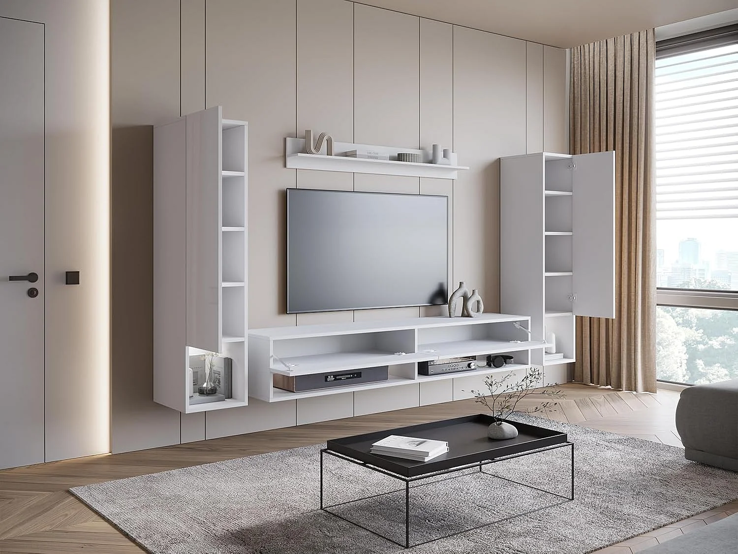 Conjunto de muebles de salón AMADEO II, juego de muebles de salón, muebles de TV, con iluminación LED, color blanco/blanco brillo