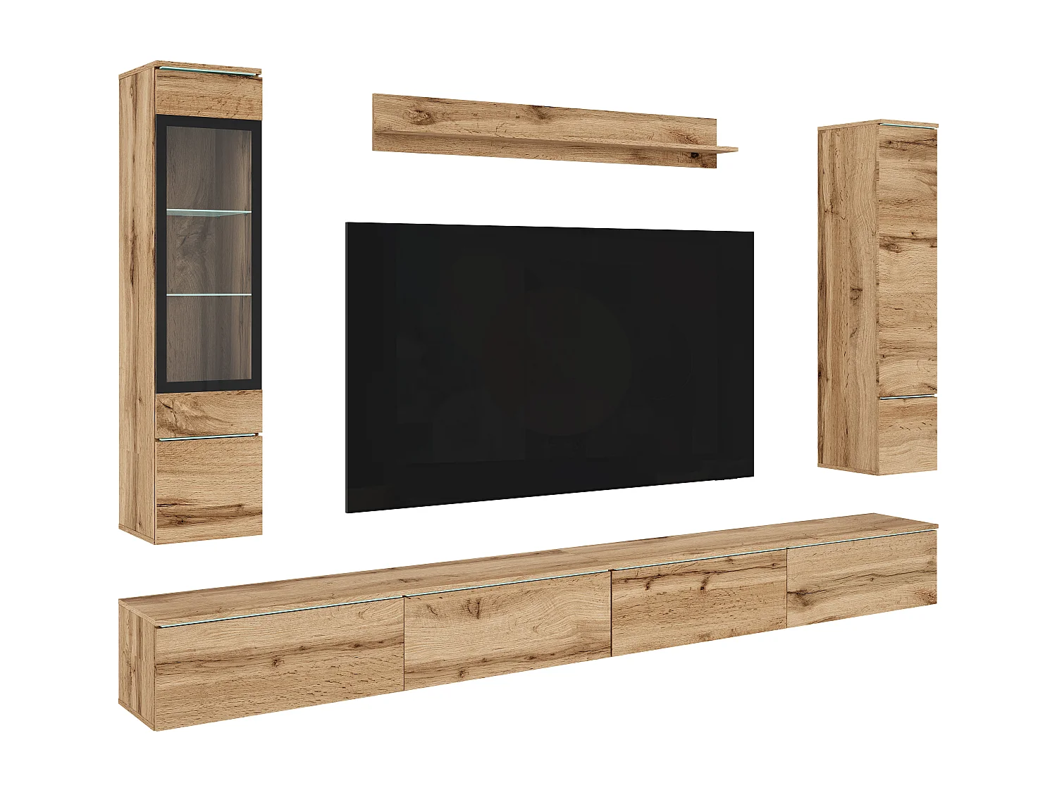 Set mobili da soggiorno VERA XXL, arredamento soggiorno, mobile TV, illuminazione LED inclusa, colore wotan