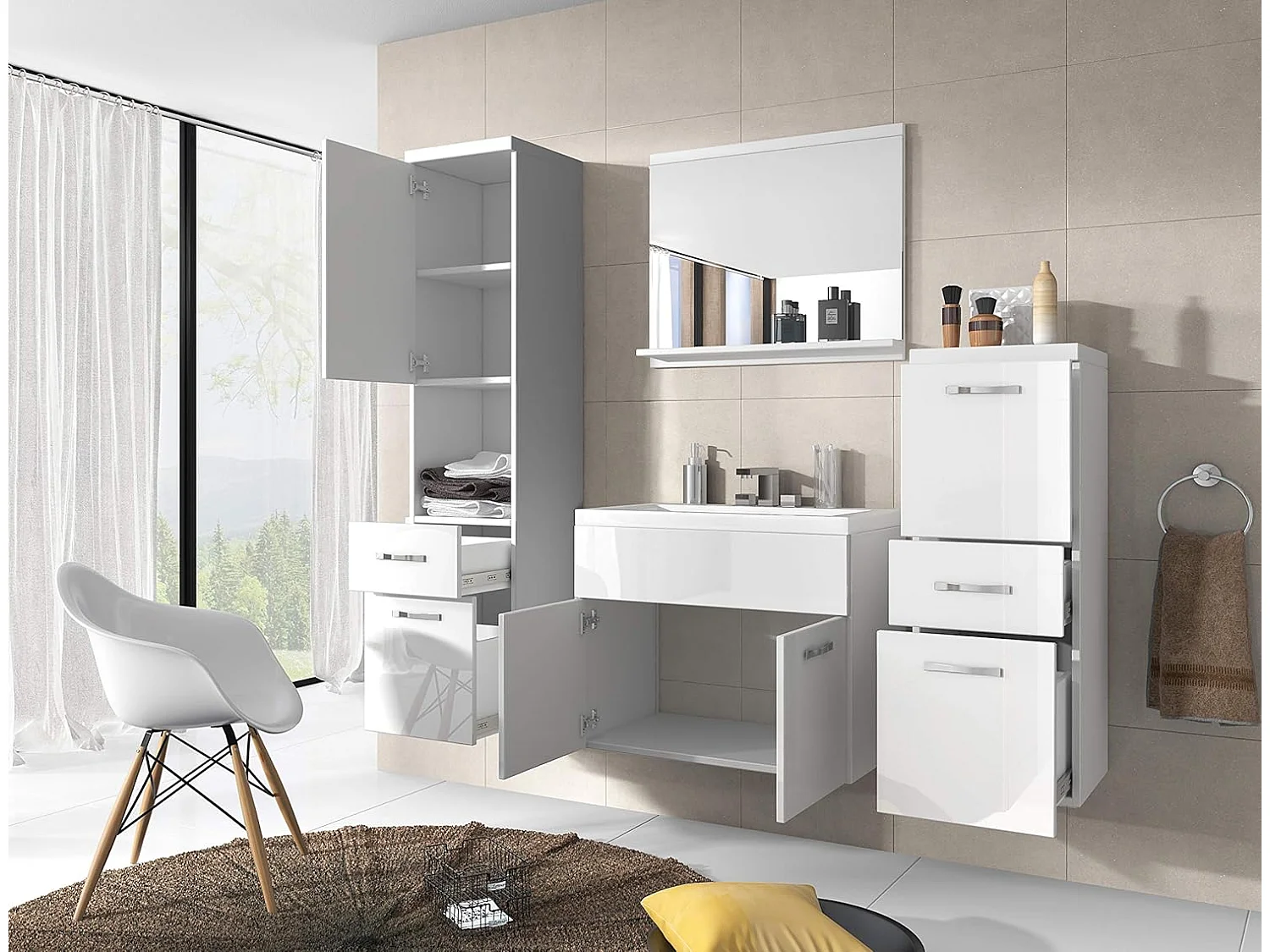 Mobile bagno ALBA, set di mobili da bagno sospesi, lavabo incluso, colore bianco/bianco lucido