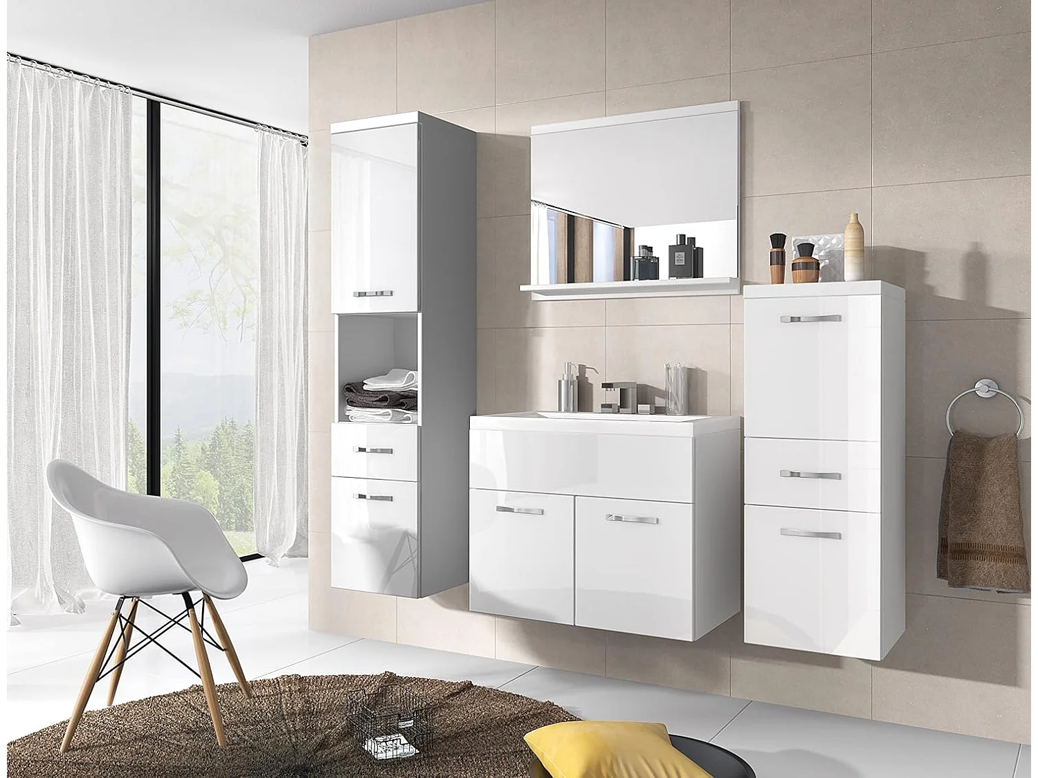 Mobile bagno ALBA, set di mobili da bagno sospesi, lavabo incluso, colore bianco/bianco lucido