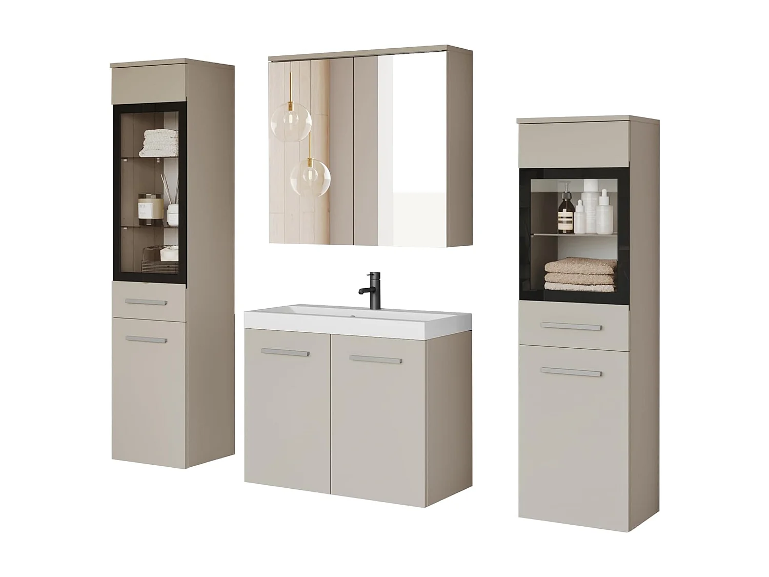 Badkamermeubelset MADRID II, badkamerset, inclusief wastafel, met led-verlichting, kleur beige cashmere