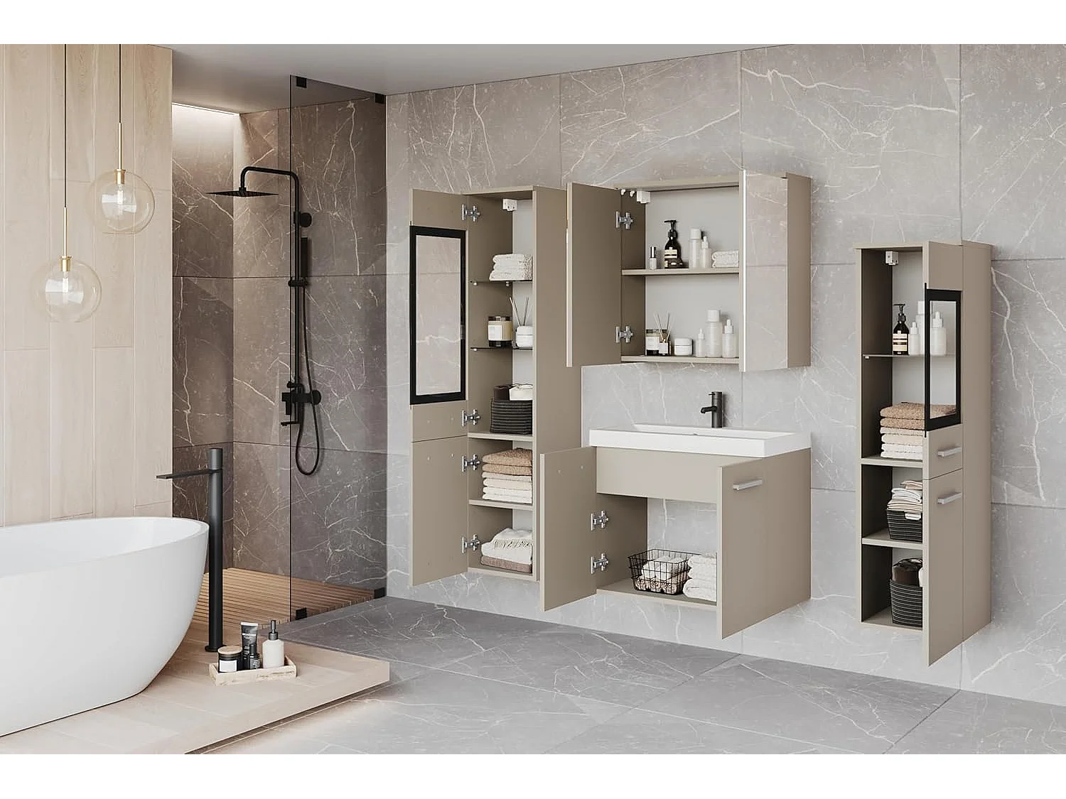 Badkamermeubelset MADRID II, badkamerset, inclusief wastafel, met led-verlichting, kleur beige cashmere