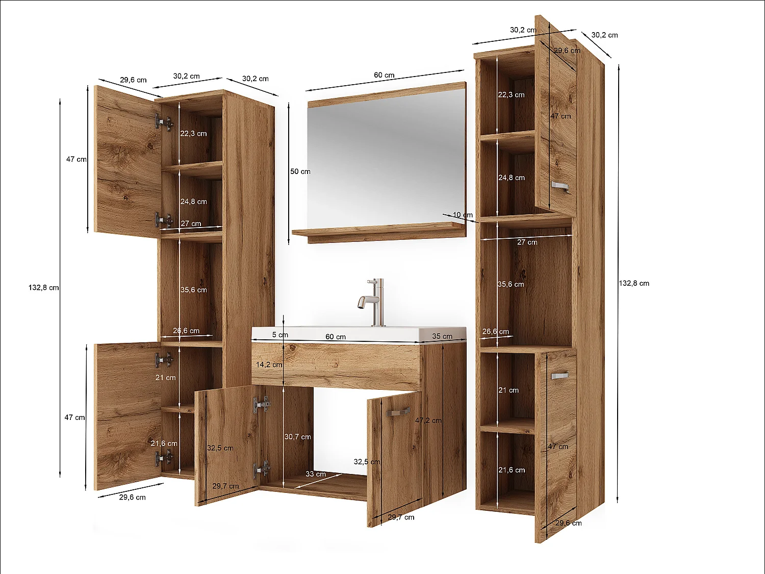 Ensemble de meubles de salle de bain MONTREAL XL, ensemble de meubles de bain, petits meubles de salle de bain, vasque incluse, couleur wotan/blanc brillant