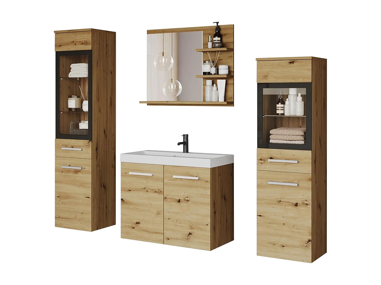Badkamermeubelset MADRID I, badkamerset, inclusief wastafel, met led-verlichting, kleur artisan eiken