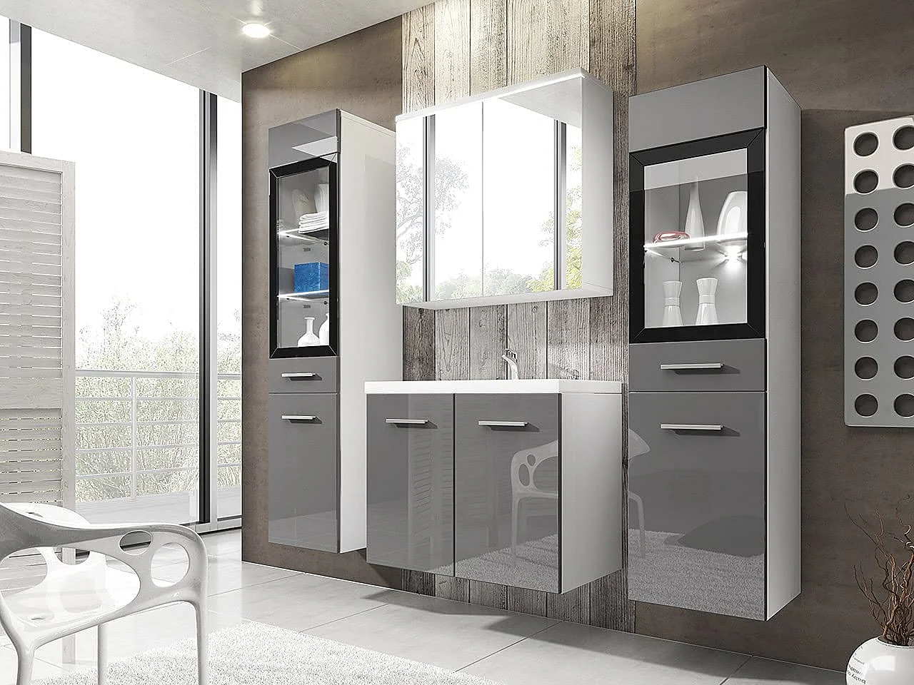 Ensemble de meubles de salle de bain MADRID II, ensemble de meubles de bain, vasque incluse, avec éclairage LED, couleur blanc/gris brillant