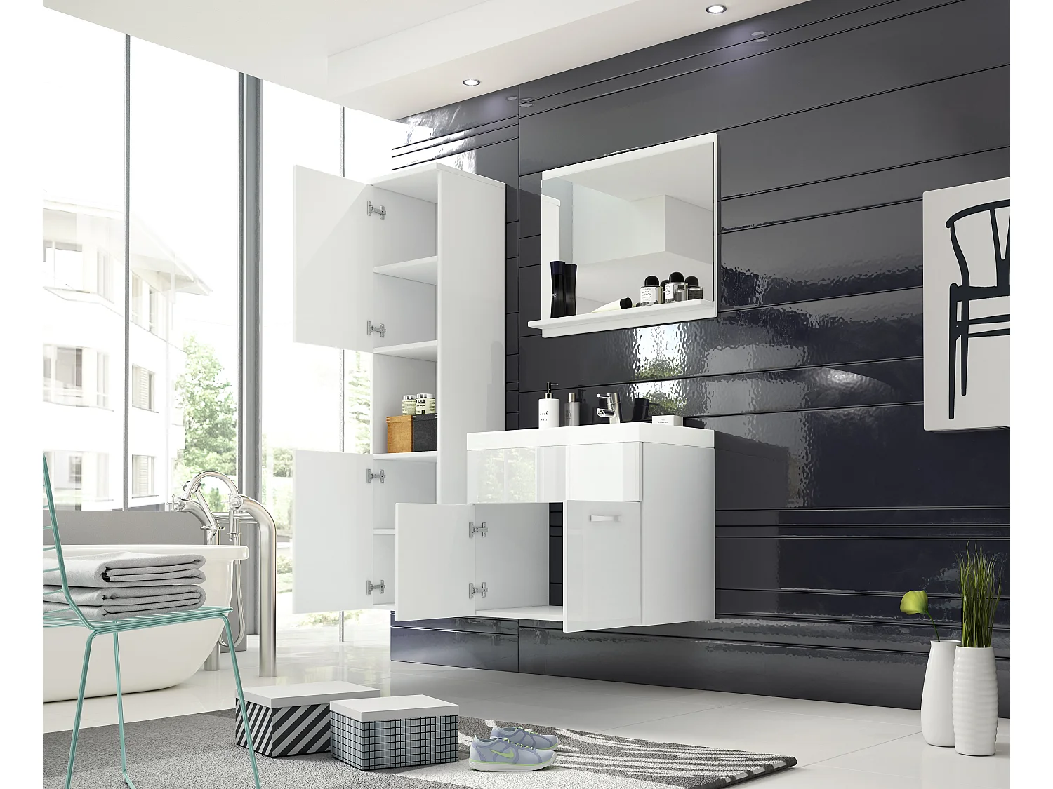 Conjunto de muebles de baño MONTREAL, juego de muebles de baño, muebles de baño pequeños, lavabo incluido, color wotan/blanco brillo