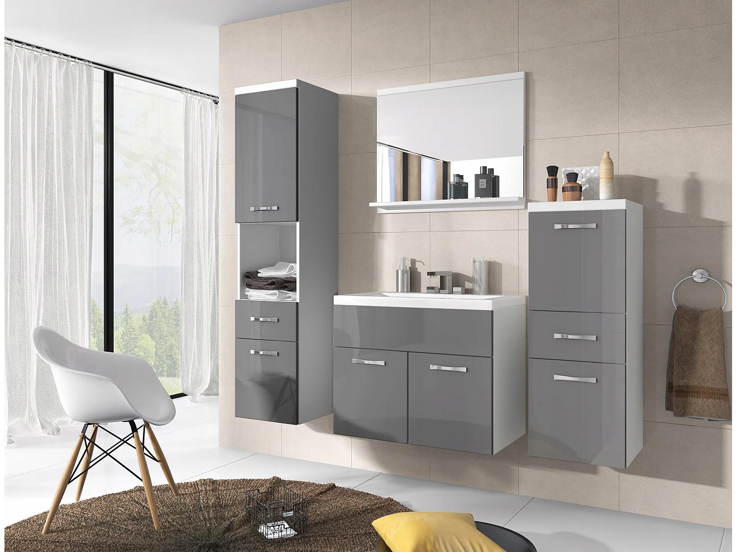 Ensemble de meubles de salle de bain ALBA, ensemble de meubles suspendus, vasque incluse, couleur blanc/gris brillant