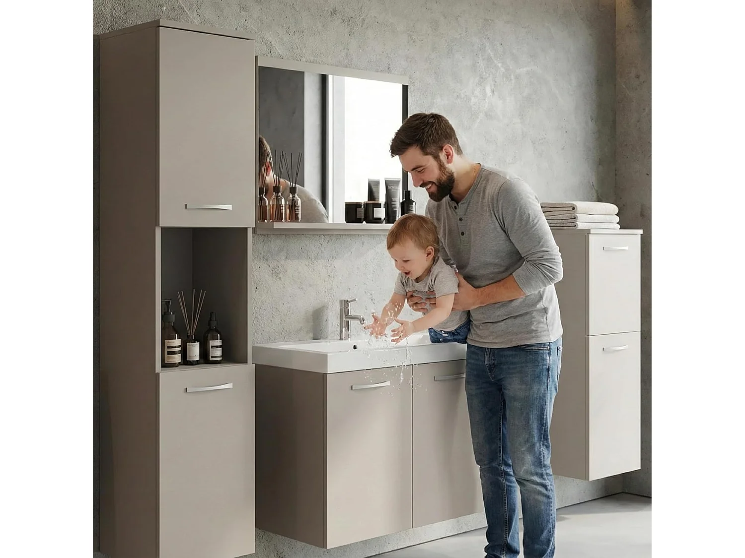 Ensemble de meubles de salle de bain MALO, ensemble de meubles de salle de bain suspendus, vasque incluse, couleur beige cachemire