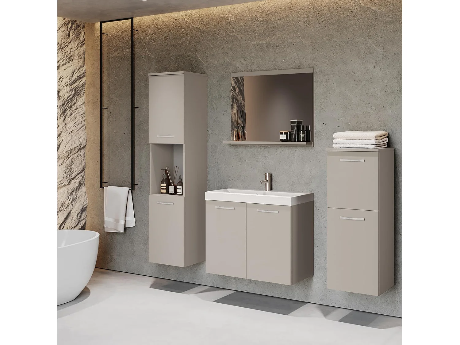 Ensemble de meubles de salle de bain MALO, ensemble de meubles de salle de bain suspendus, vasque incluse, couleur beige cachemire