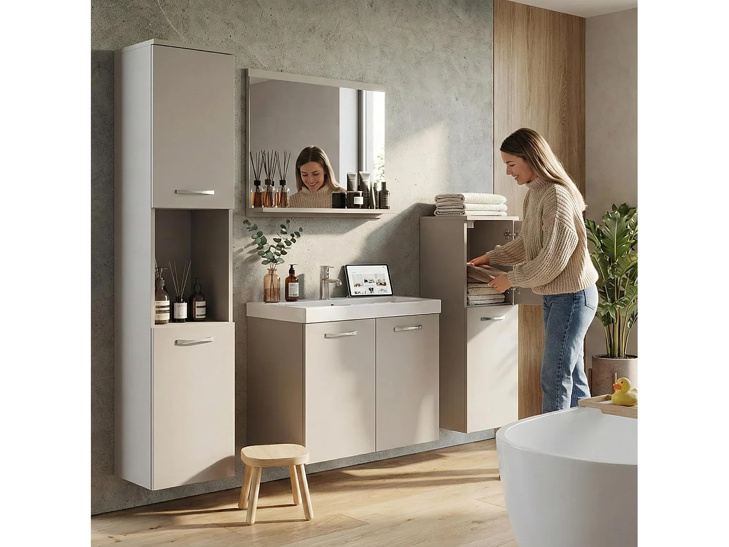 Ensemble de meubles de salle de bain MALO, ensemble de meubles de salle de bain suspendus, vasque incluse, couleur beige cachemire