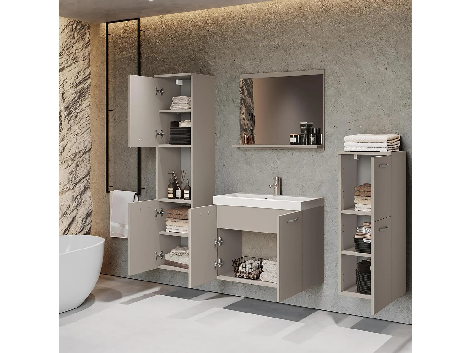 Ensemble de meubles de salle de bain MALO, ensemble de meubles de salle de bain suspendus, vasque incluse, couleur beige cachemire