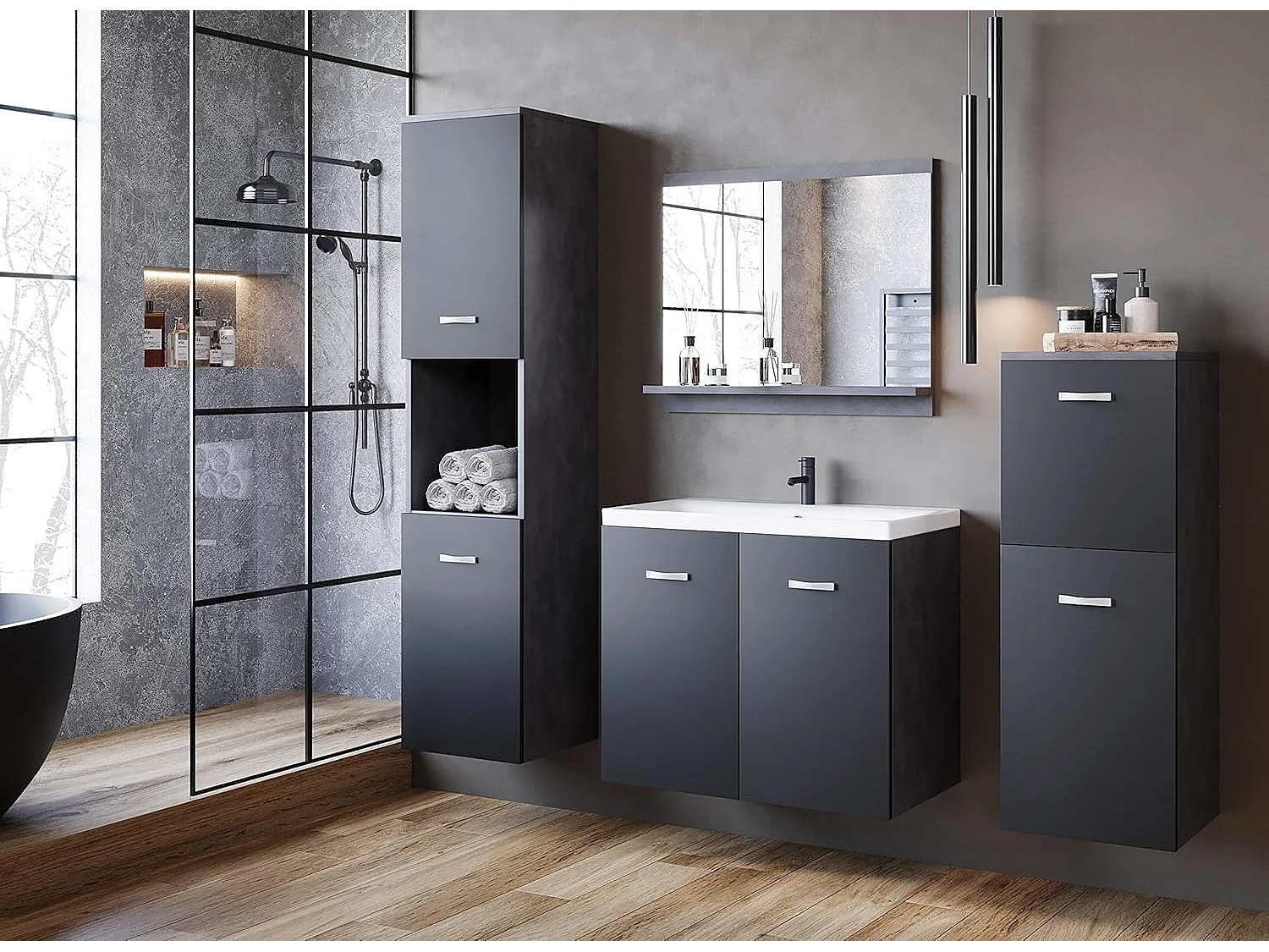 Ensemble de meubles de salle de bain MALO, ensemble de meubles de bain, meubles suspendus, vasque incluse, couleur noir mat