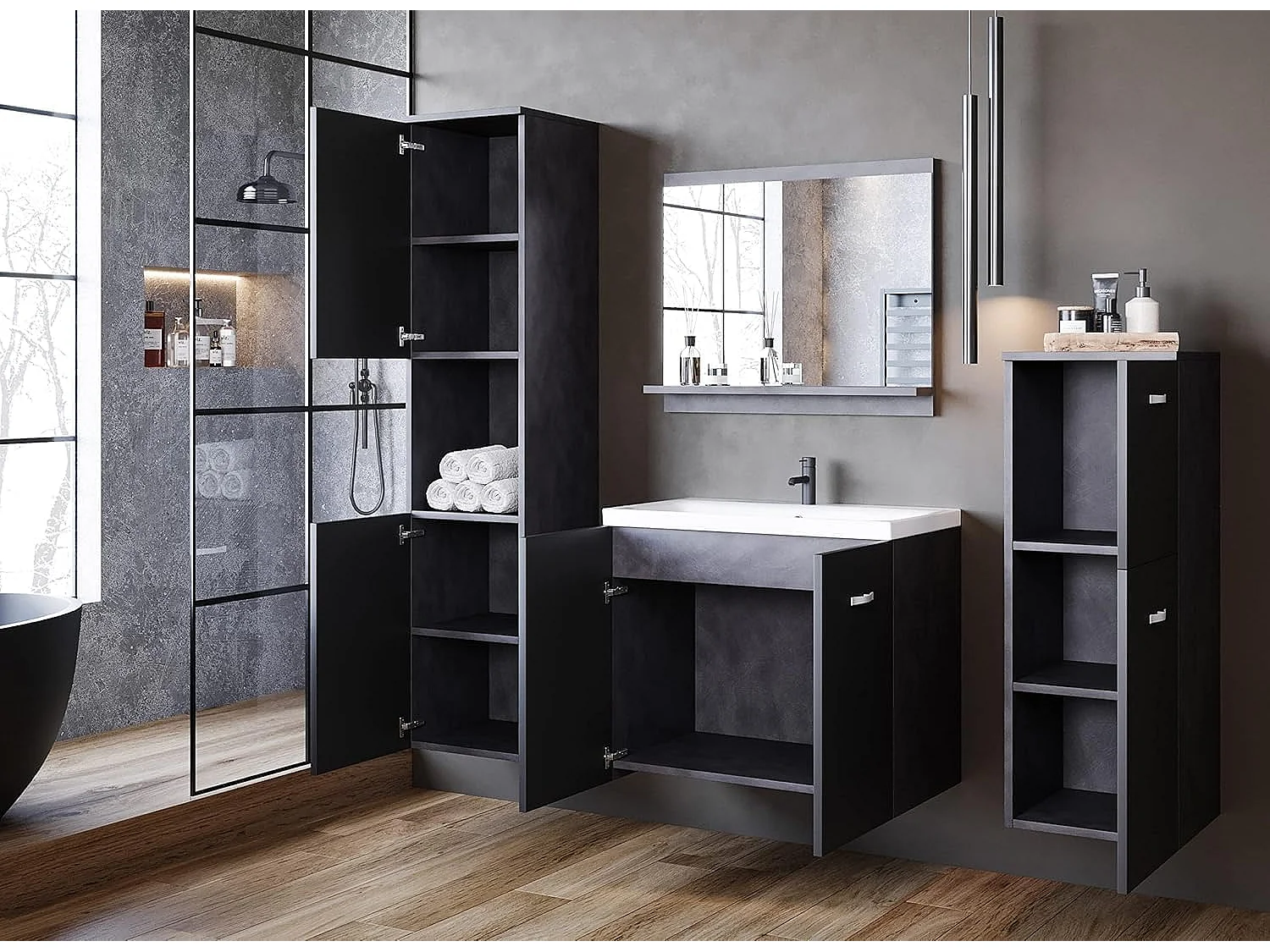 Ensemble de meubles de salle de bain MALO, ensemble de meubles de bain, meubles suspendus, vasque incluse, couleur noir mat