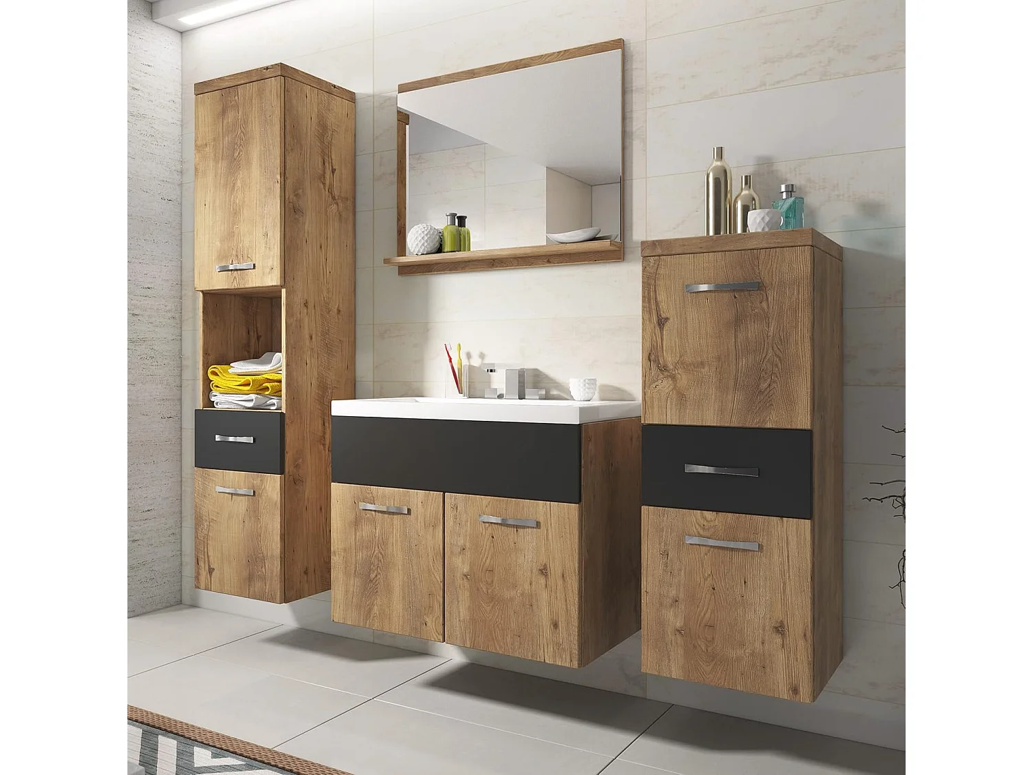 Conjunto de muebles de baño ALBA, juego de muebles de baño colgantes, lavabo incluido, color castaño/negro mate