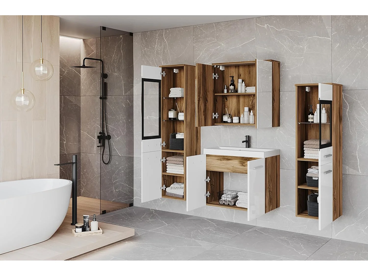 Conjunto de muebles de baño MADRID II, juego de muebles de baño, lavabo incluido, con iluminación LED, color wotan/blanco brillo