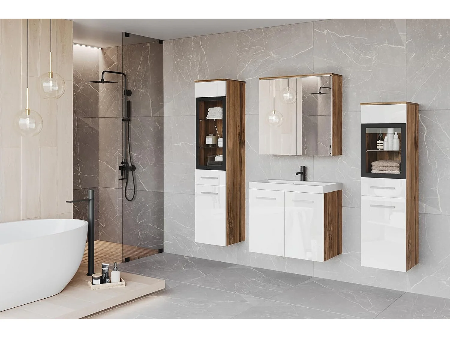Conjunto de muebles de baño MADRID II, juego de muebles de baño, lavabo incluido, con iluminación LED, color wotan/blanco brillo