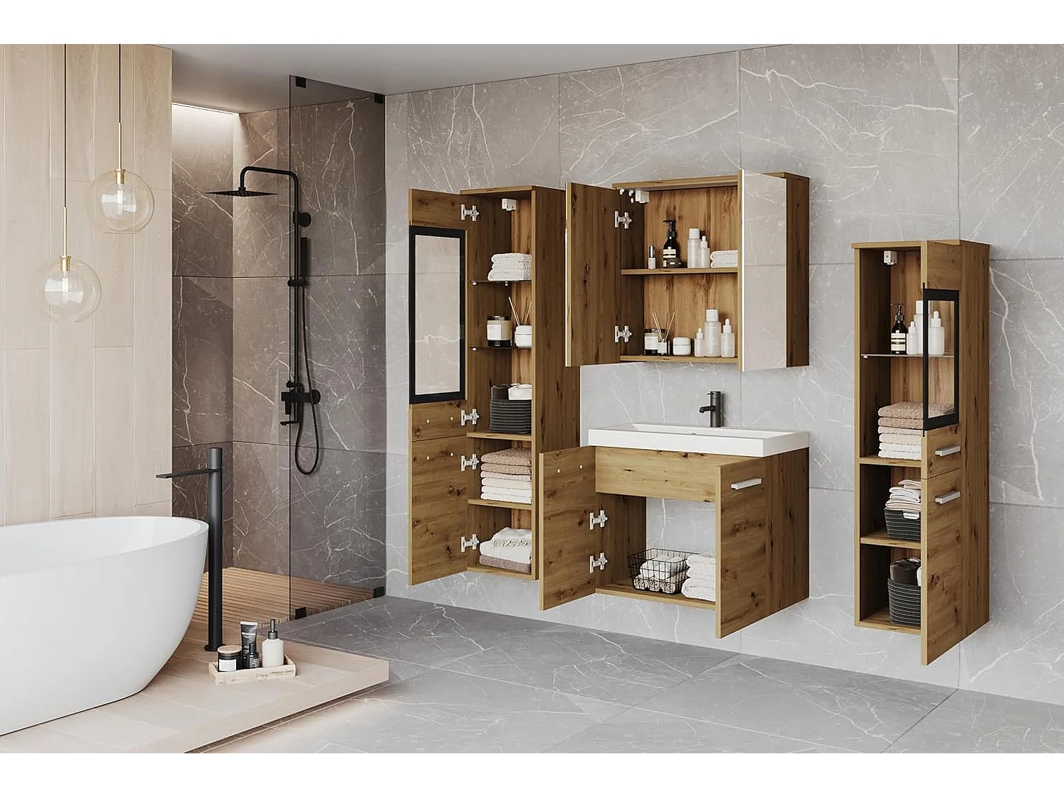 Ensemble de meubles de salle de bain MADRID II, ensemble de meubles de bain, vasque incluse, avec éclairage LED, couleur chêne artisan