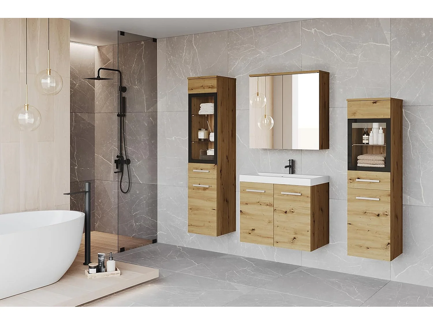 Ensemble de meubles de salle de bain MADRID II, ensemble de meubles de bain, vasque incluse, avec éclairage LED, couleur chêne artisan