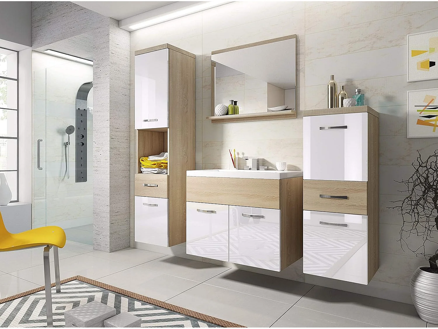 Ensemble de meubles de salle de bain ALBA, ensemble de meubles suspendus, vasque incluse, couleur sonoma/blanc brillant