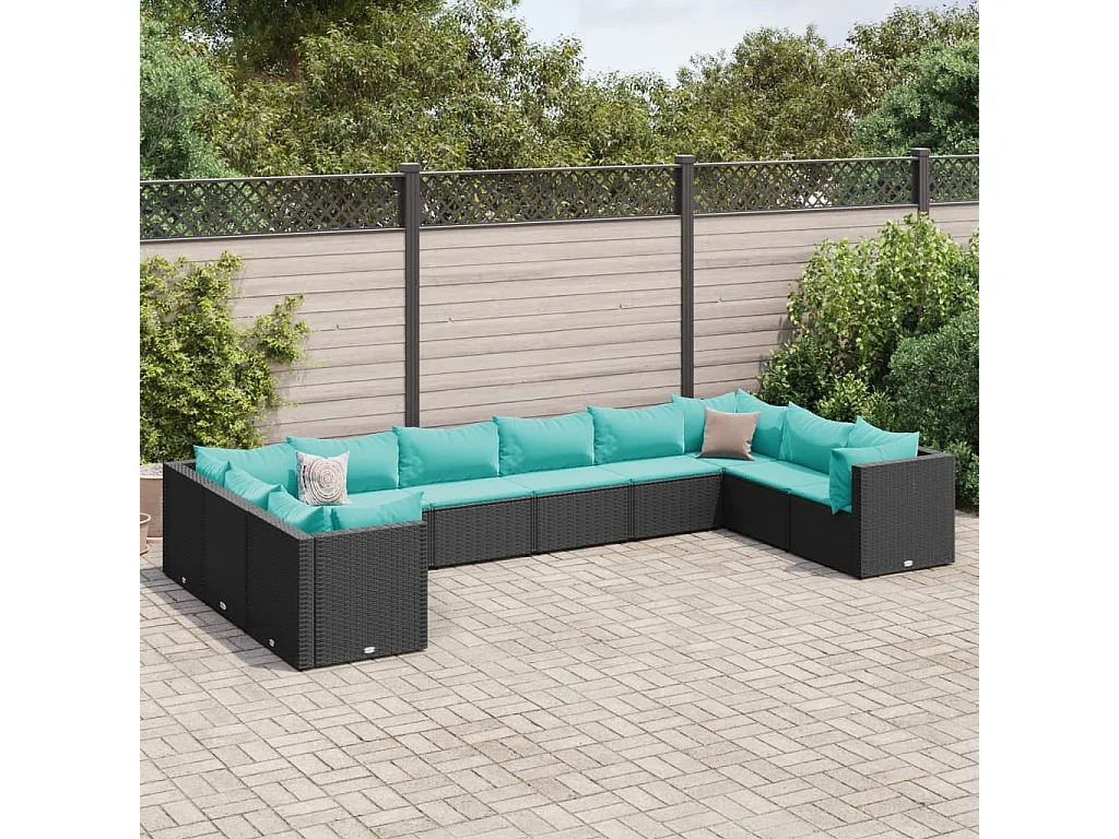 Set de muebles de jardín 10 piezas cojines ratán sintético negro