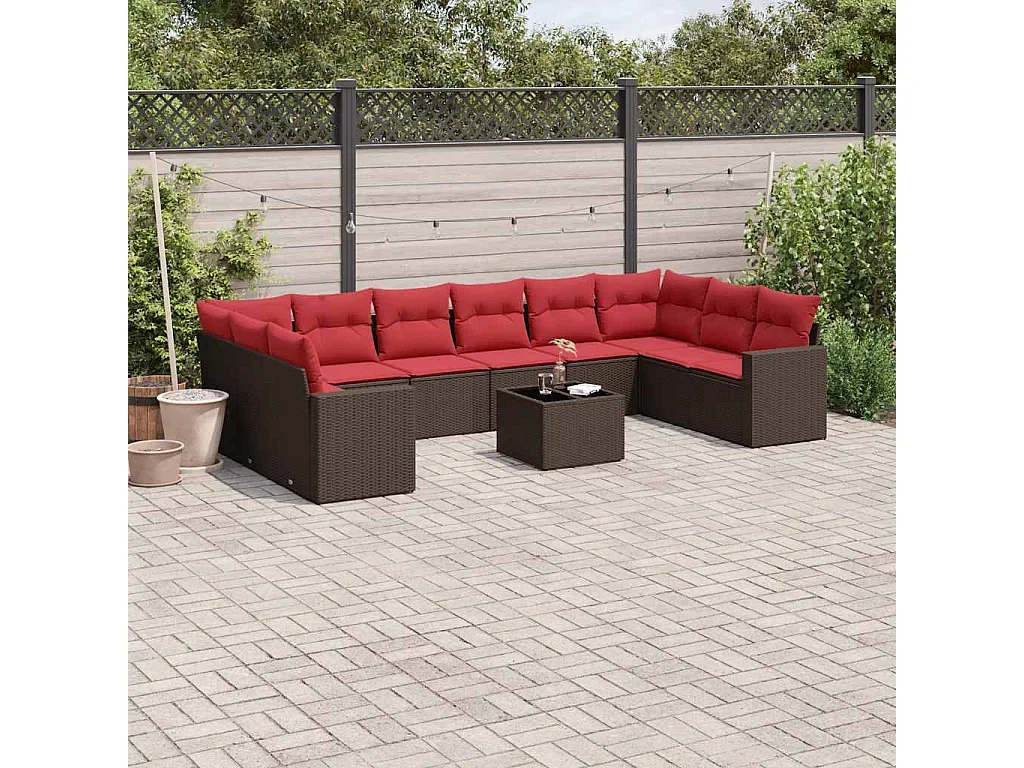 Set de sofás de jardín 11 piezas cojines ratán sintético marrón